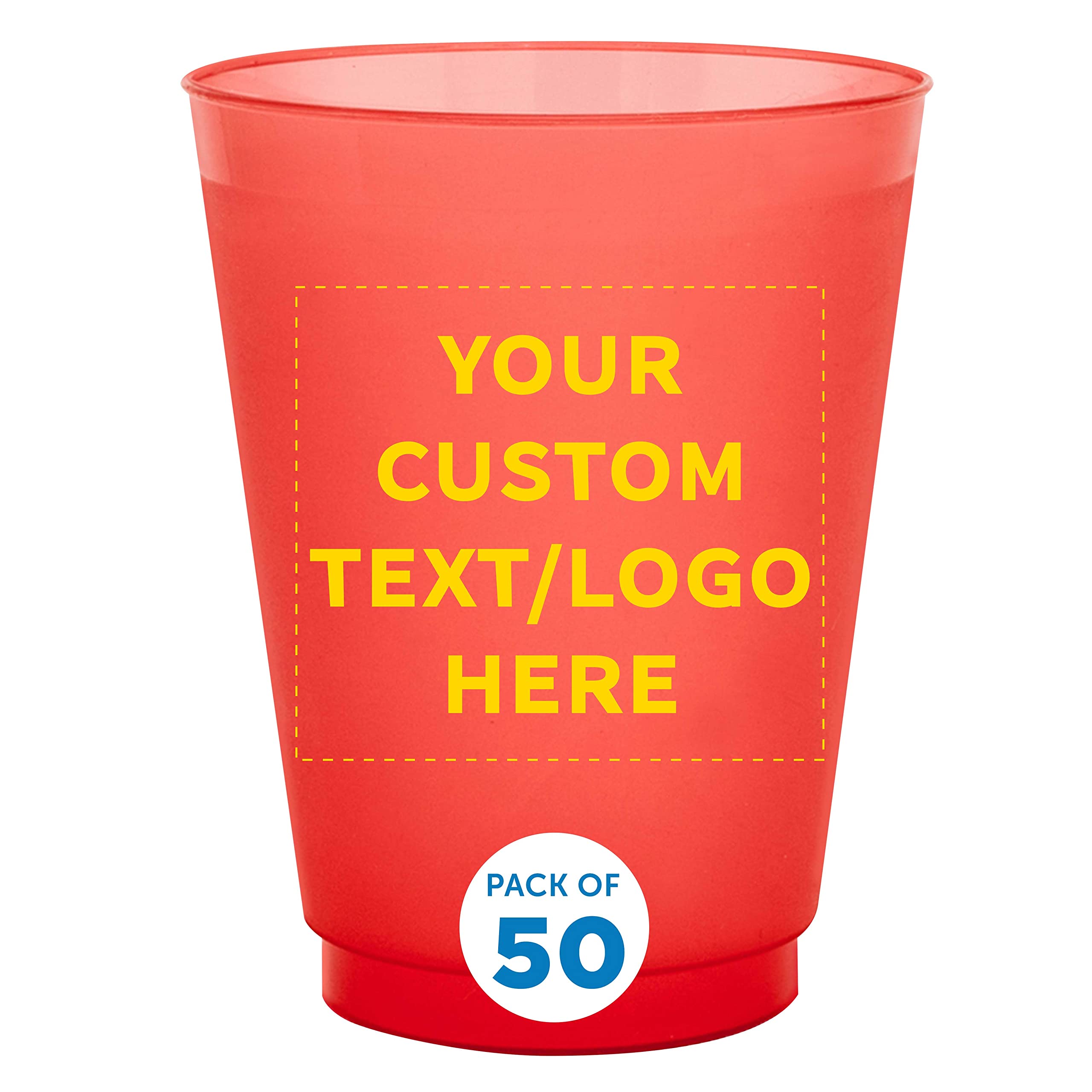 Custom Frosted Plastic Stadium Cups 50 Pack - Personalized with Logo & Promotional Text - 16 oz Shatterproof Reusable Party Cups for Sports Events, Tailgating & Outdoor Gatherings - Red