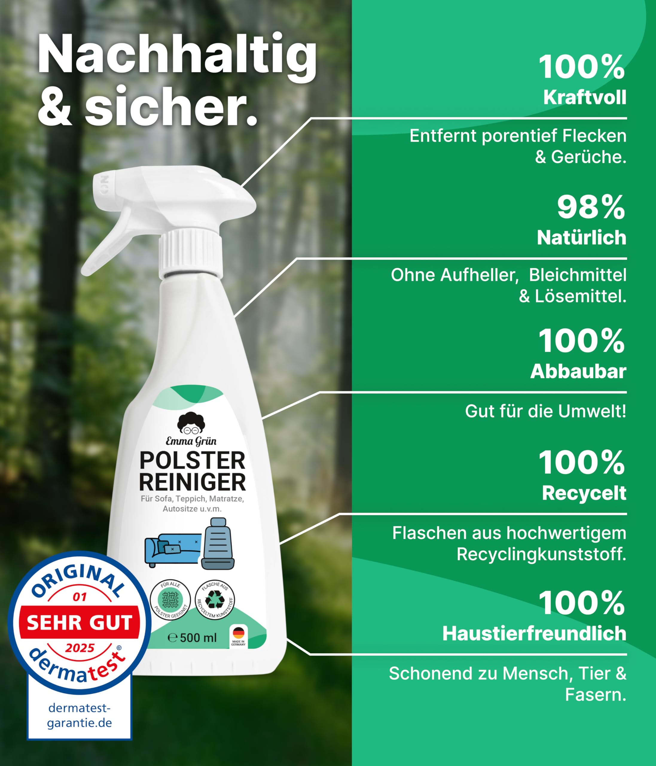 Emma Grün® Upholstery Cleaner for Sofa, Couch & Car Seats 500ml [Includes Upholstery Brush] - Eco-Friendly & Odor Eliminator - Car Interior Cleaner - Made in Germany - Perfect for Deep Cleaning Furniture, Removing Stains & Refreshing Vehicle Upholstery