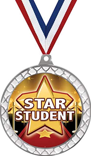 2.5 Inch Silver Star Student Trellis Medal - Academic Excellence Award for Kids, Children's Education Trophy Prize - Perfect for School Achievements, Graduation Ceremonies & Student Motivation