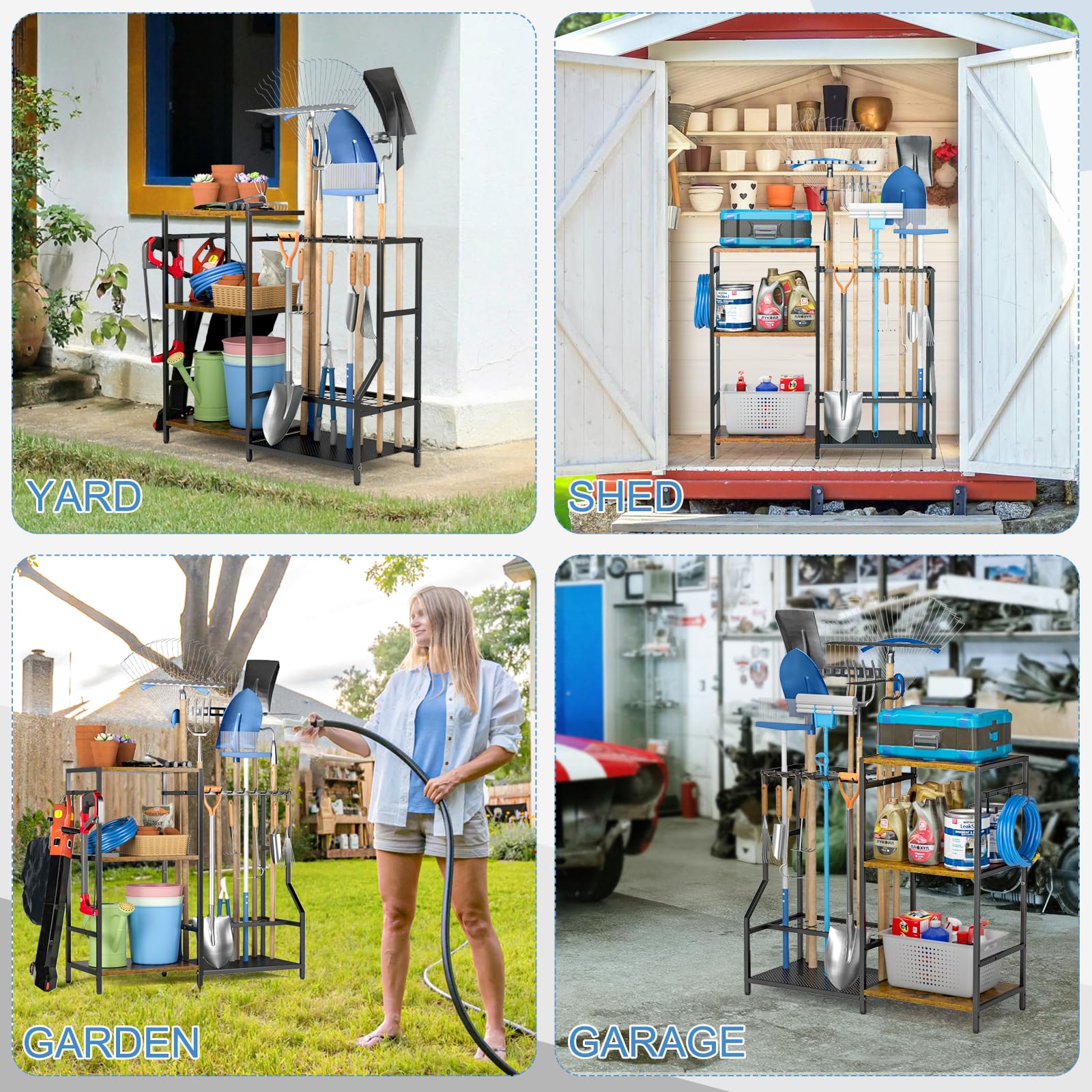 DAOUTIME 3-Tier Metal Garden Tool Organizer with 2 Hooks - Heavy Duty Steel Yard Tool Storage Rack for Garage, Shed & Home - Holds Up to 21 Long-Handled Tools (Black) - Perfect for Organizing Shovels, Rakes & Gardening Equipment
