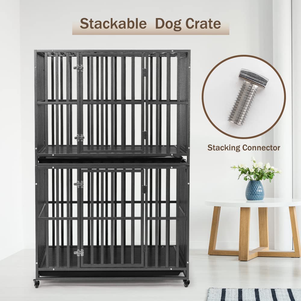 LUCKUP 42 Inch Heavy Duty Metal Dog Crate with 2 Doors & 4 Wheels - Stackable Large Dog Kennel Cage for Medium & Big Dogs - Removable Tray - Perfect for Home, Travel & Vet Visits