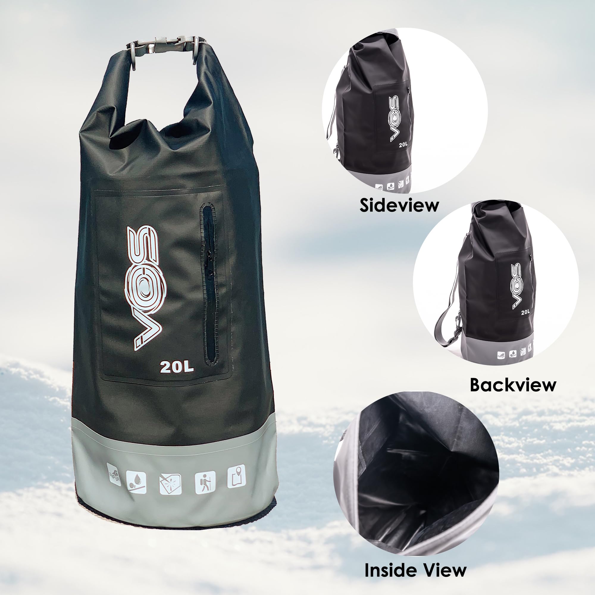 VOS 20L Waterproof Dry Bag – Lightweight Premium Dry Storage Backpack for Travel, Swimming, Boating, Kayaking, Camping & Beach | All-Weather Protection for Outdoor Adventures (Black/Grey)