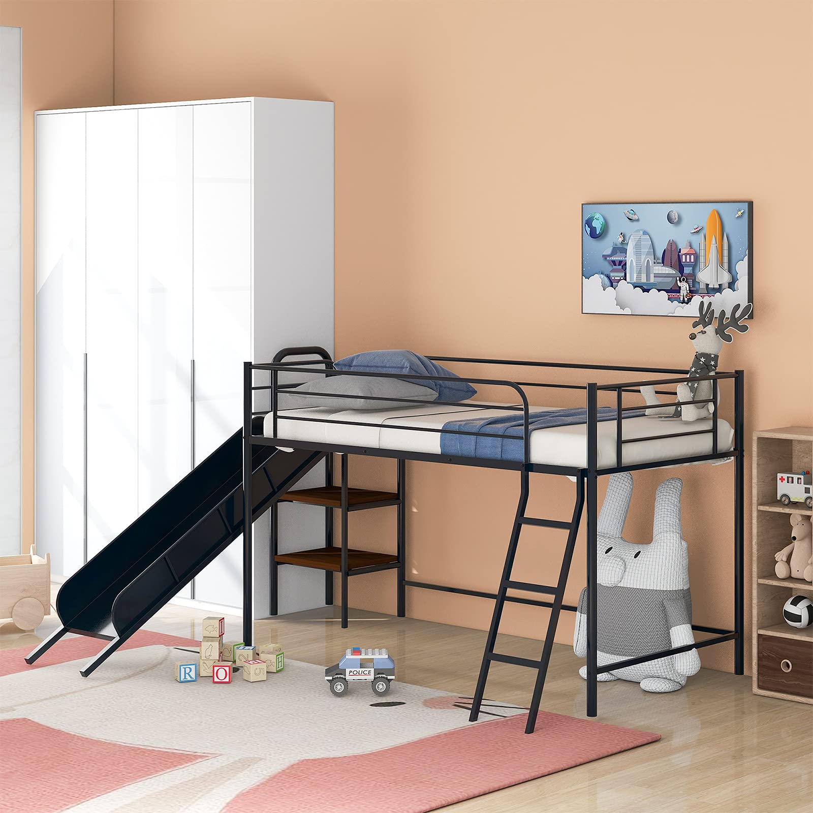 **Twin Metal Low Loft Bed with Slide & Storage - Space-Saving Multifunctional Kids Bedroom Furniture (Black) - Perfect for Small Rooms & Play Areas**