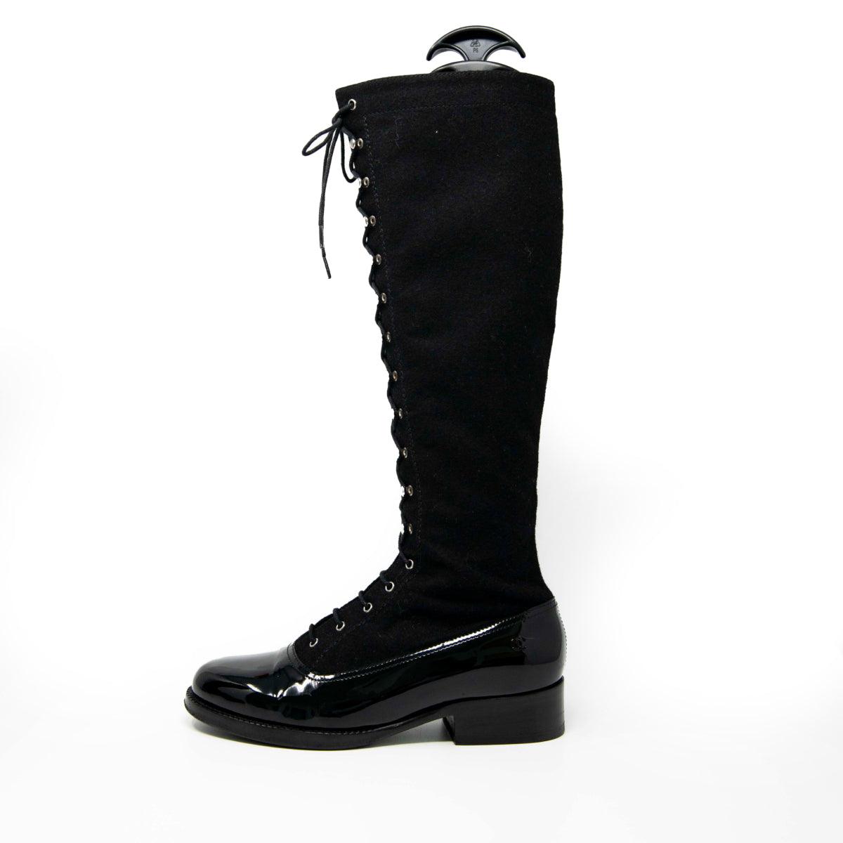 Chanel Black Lace-Up Knee High Boots Size 37 - Elegant Women's Fashion Boots for Party, Evening Wear & Winter Outfits