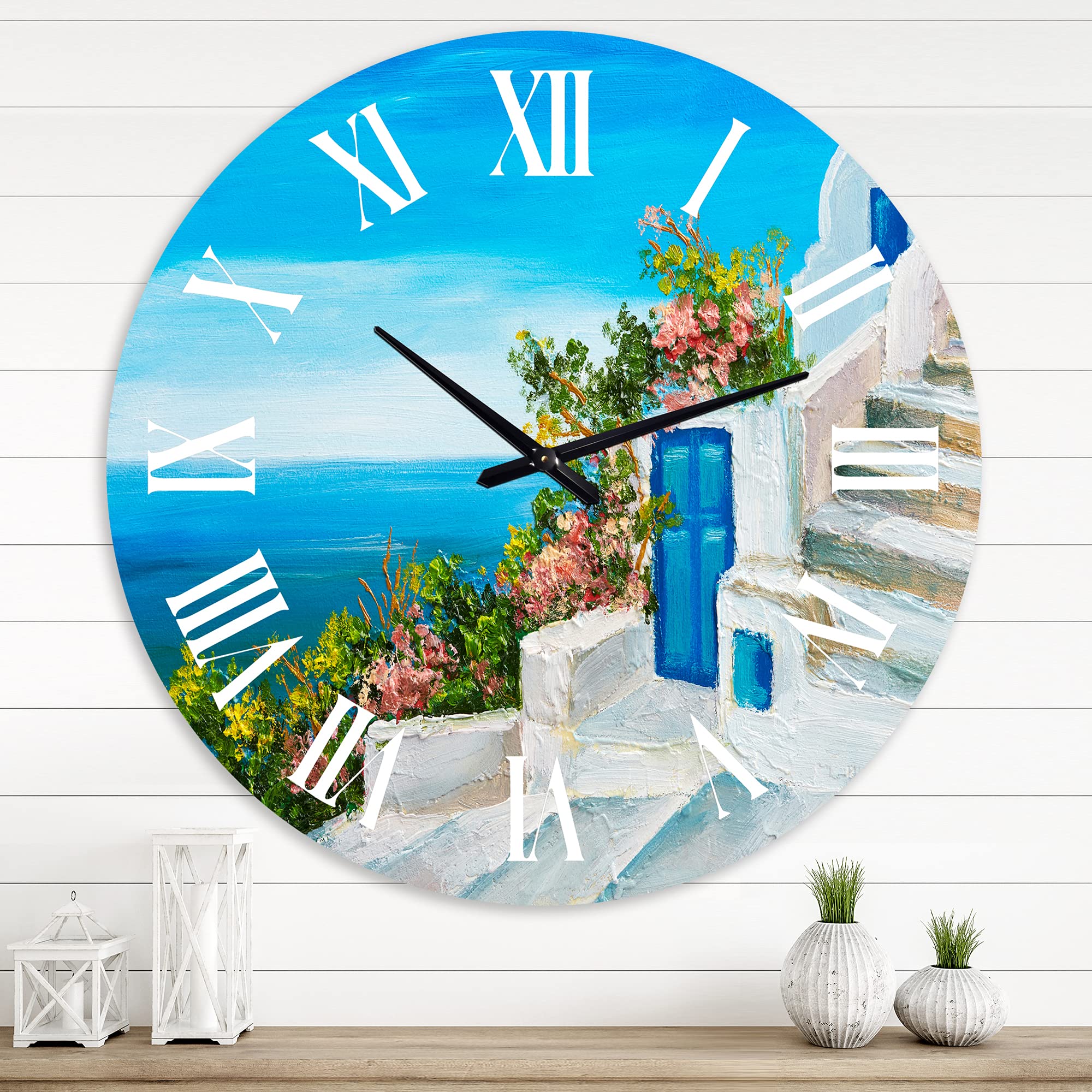 DesignQ Nautical Coastal Wall Clock - Blue Round Clock with House & Flowers Art for Living Room, Bedroom, Office Decor | Perfect for Beach House, Coastal Style Homes & Gift Giving