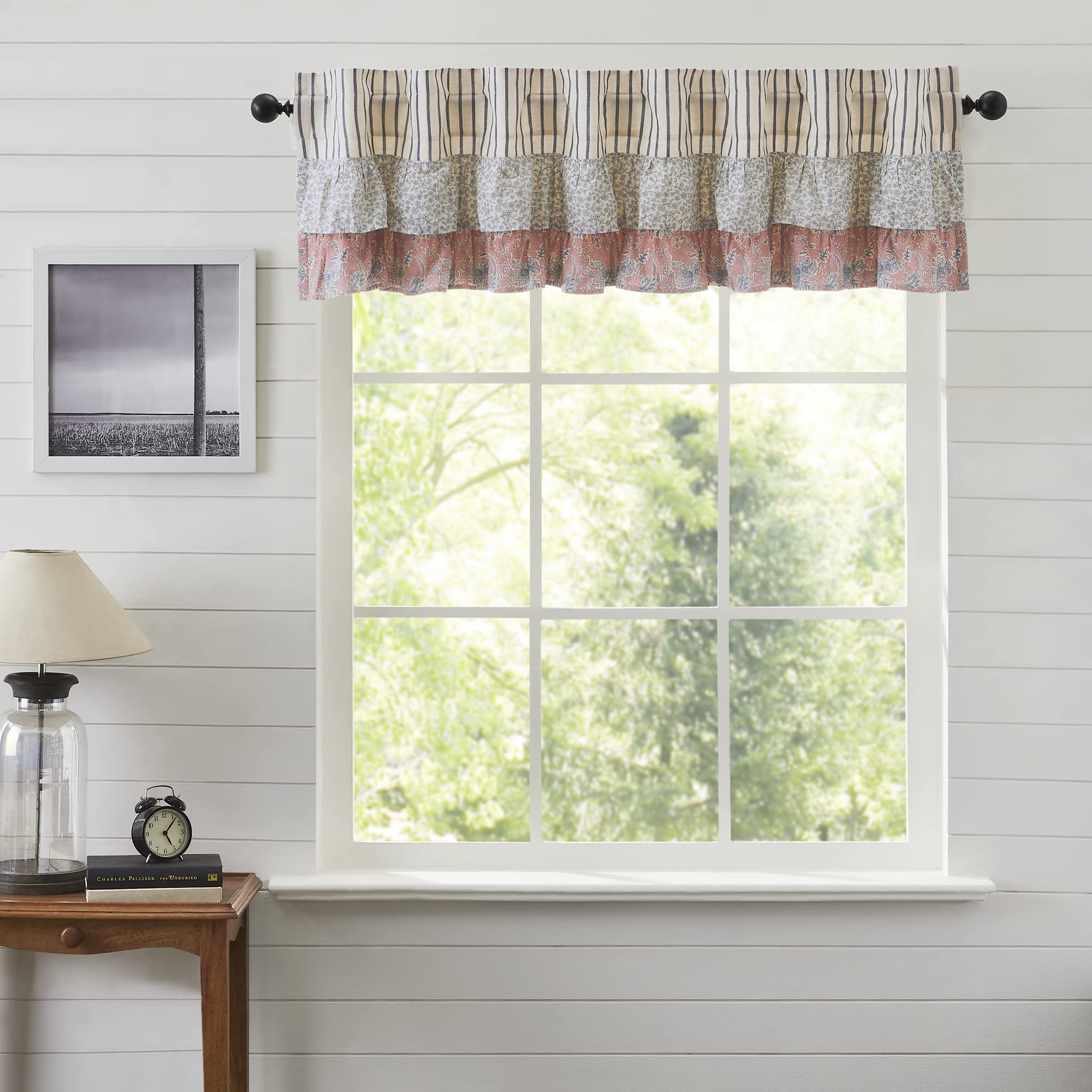 VHC Brands Kaila Country Cottage Ruffled Blue Ticking Stripe Kitchen Curtain Valance 16x73 - Farmhouse Window Treatment for Cozy Kitchen Decor & Cottage Style Homes