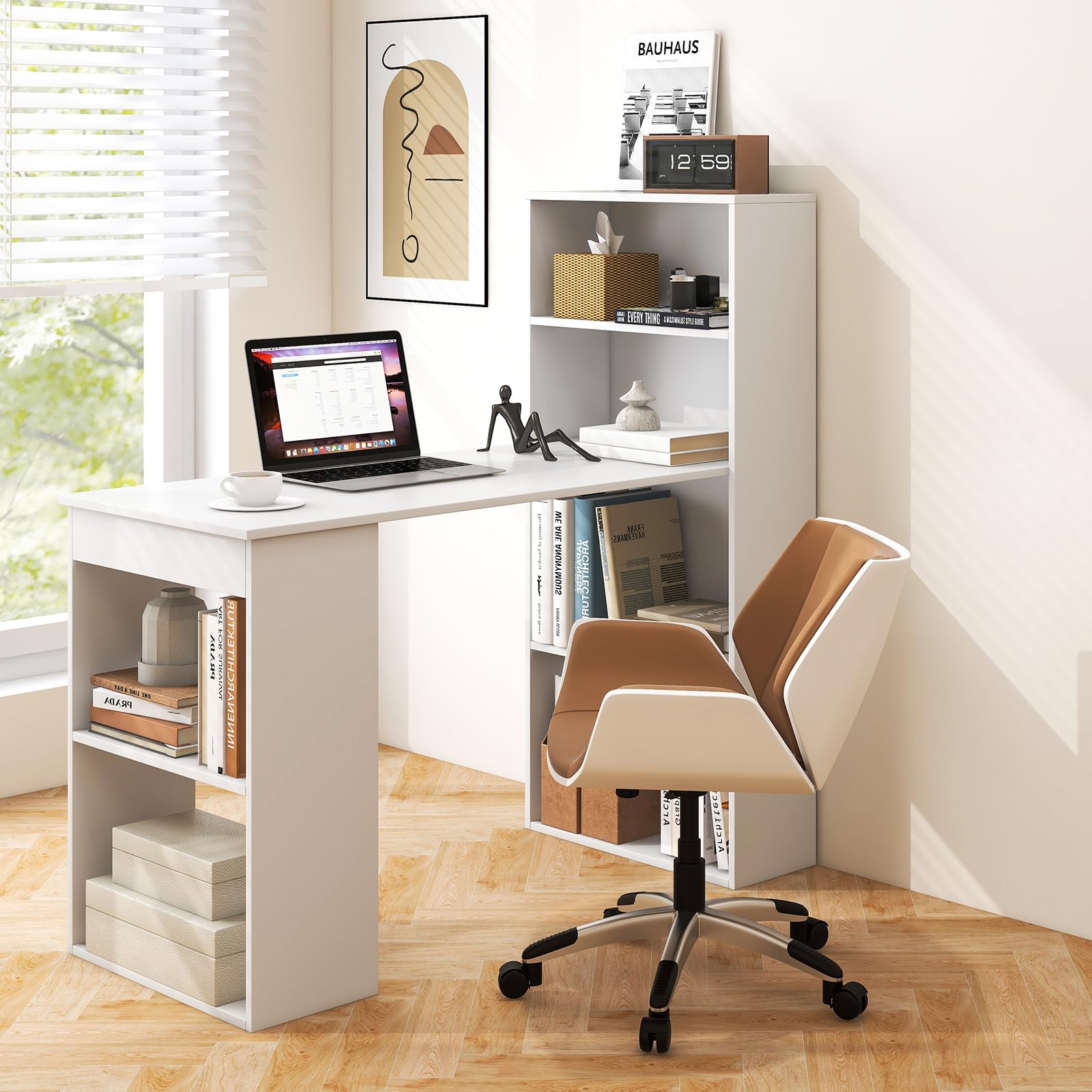 Tangkula White Computer Desk with Bookshelf - Compact Writing Study Desk with Storage Shelves & CPU Stand | Modern Home Office Workstation, Space-Saving Design for Small Rooms, Dorm & Apartment | Perfect for Remote Work, Online Learning & Gaming Setup