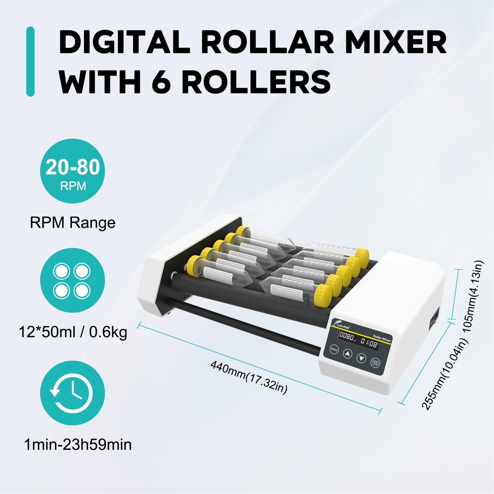 LAB FISH Digital Tube Roller Mixer - Adjustable Speed 20-80RPM, 6 X 11