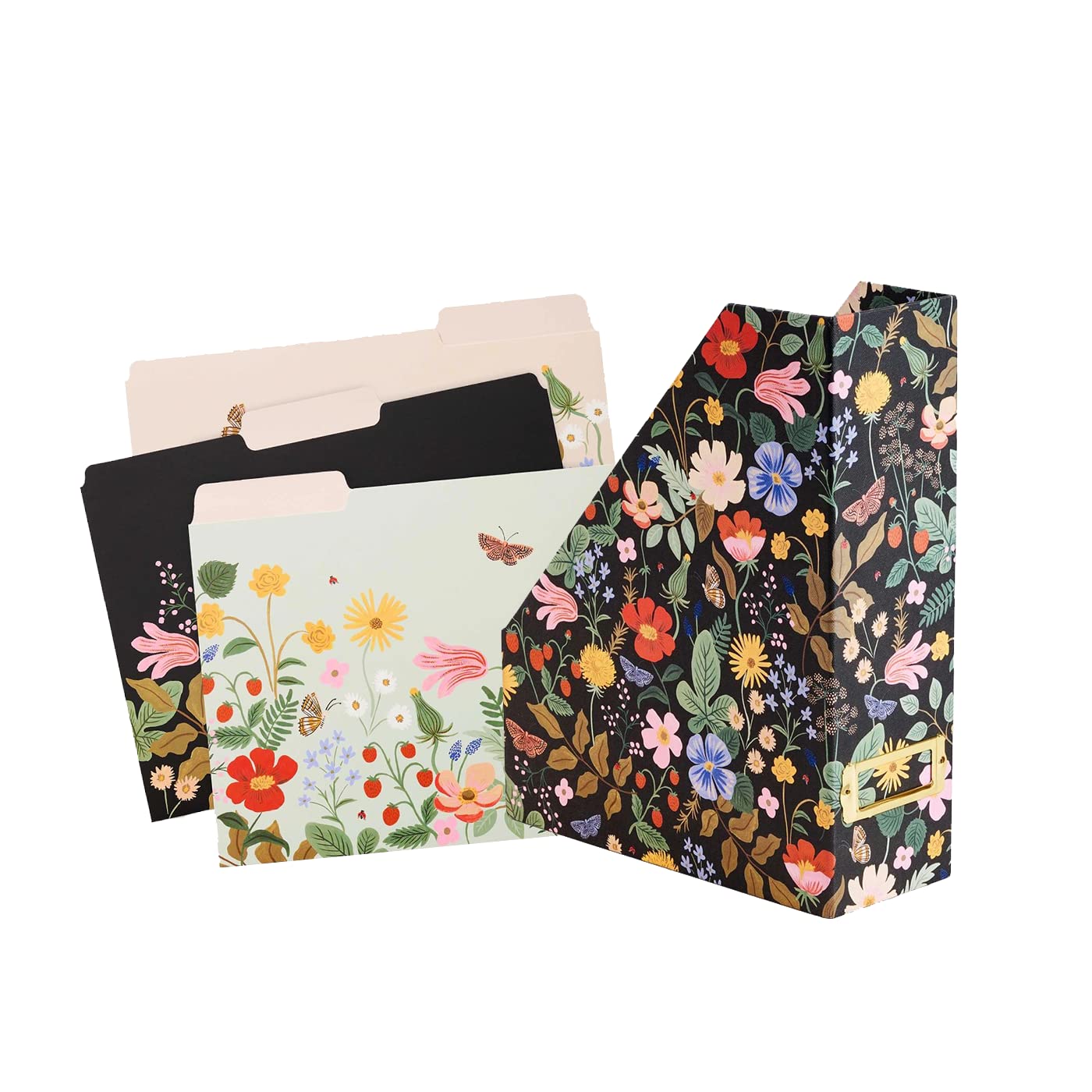 Rifle Paper Co. Strawberry Fields Magazine Organizer - Black Background with Colorful Floral Print, Metal Label Holder & 6 Assorted File Folders - Perfect for Home Office, Bookshelf Decor, and Document Storage