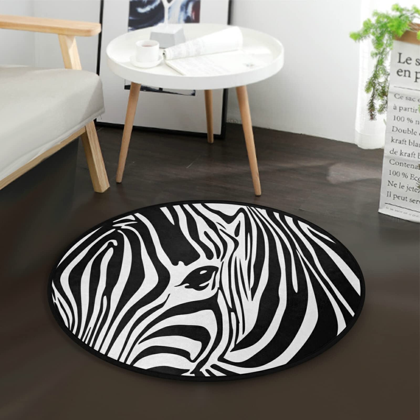 ALAZA Black and White Zebra Print Abstract Round Area Rug - 3' Diameter (92 cm) Soft Non-Slip Floor Carpet for Living Room, Bedroom, Nursery, Dorm | Modern Home Decor & Cozy Interior Design Accent
