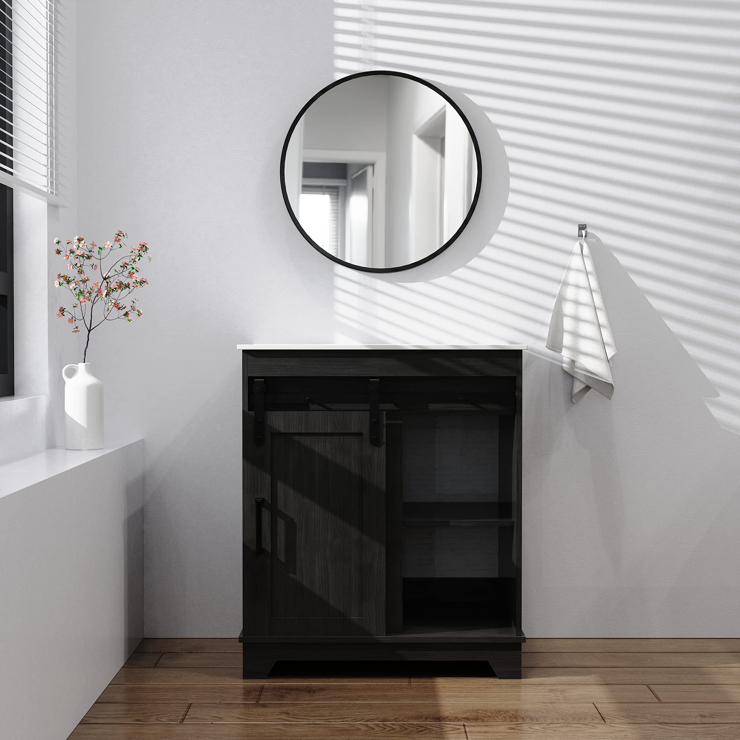 Goodyo 30 Inch Bathroom Vanity with Sliding Barn Door - Espresso Finish Sink Cabinet for Modern Farmhouse & Rustic Bathroom Decor