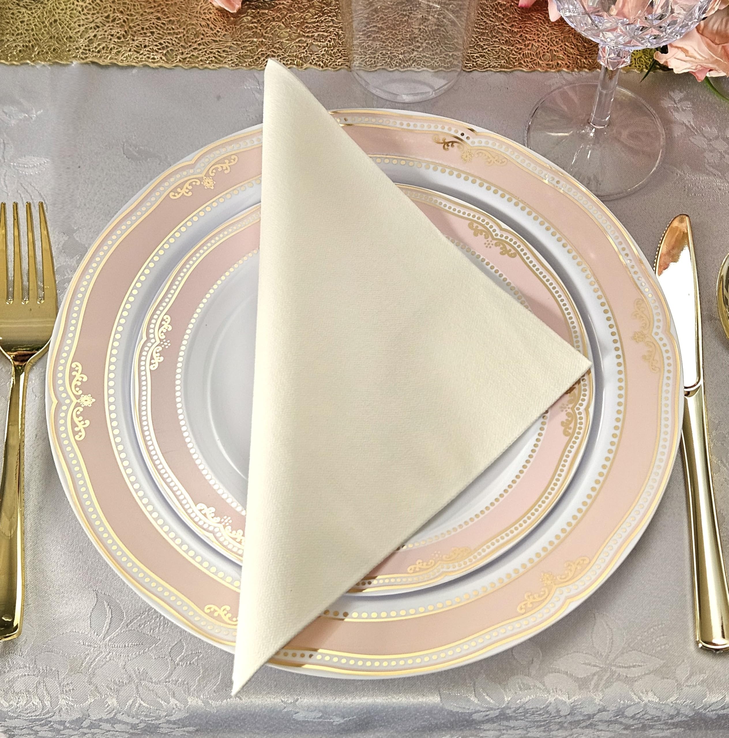 120-Piece Disposable Plastic Plates & Bowls Set - 12oz Scalloped Soup Bowls in White, Blush & Gold for Weddings, Parties & Events - Perfect for Catering, Buffets & Special Occasions