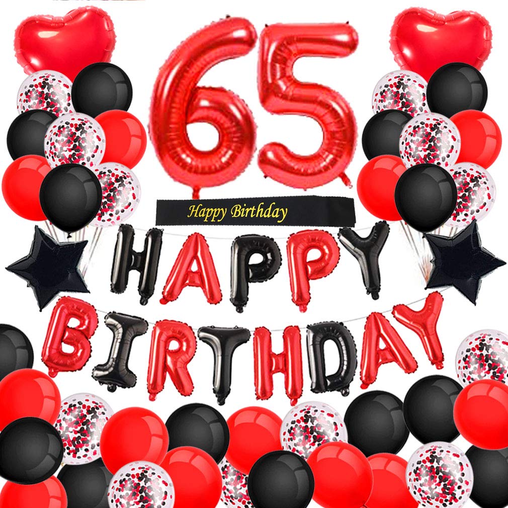 65th Birthday Party Decorations Set - Red & Black Happy Birthday Banner, Number 65 Balloons, Sash with Latex & Confetti Balloons for Women's Milestone Celebration - Perfect for 65 or 56 Year Old Birthday Parties, Retirement Celebrations & Anniversary Events