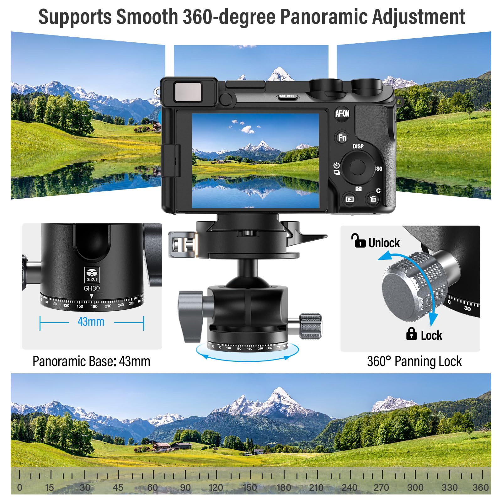 SIRUI GH30 Low Profile Quick Release Ball Head Tripod Mount - 360° Panoramic Metal Camera Head with 1/4