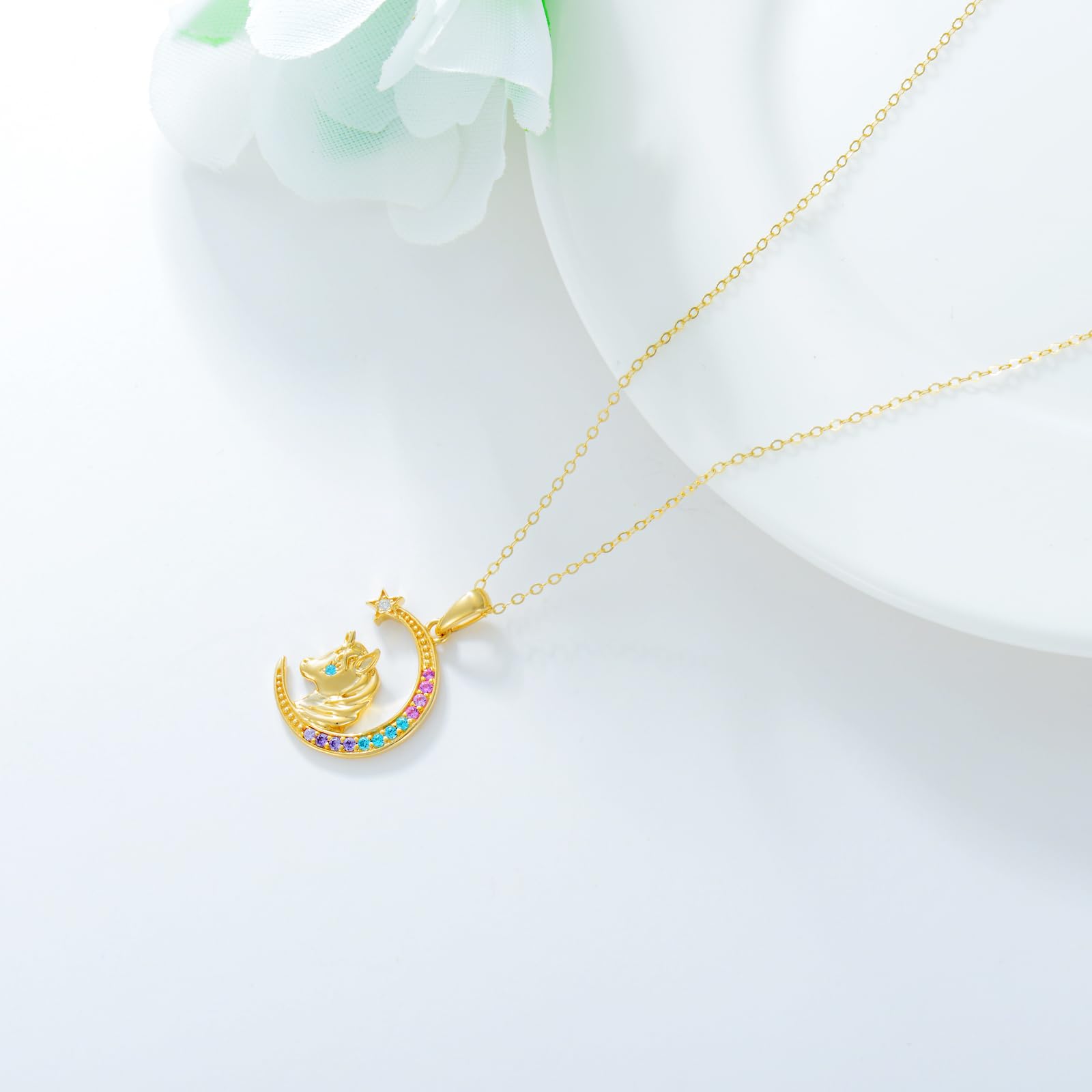 14K Gold Unicorn Necklace for Women - Dainty Moon & Star Pendant, Yellow Gold Jewelry Gift for Wife, Girlfriend, Daughter | Birthday, Anniversary, Valentine's Day Present