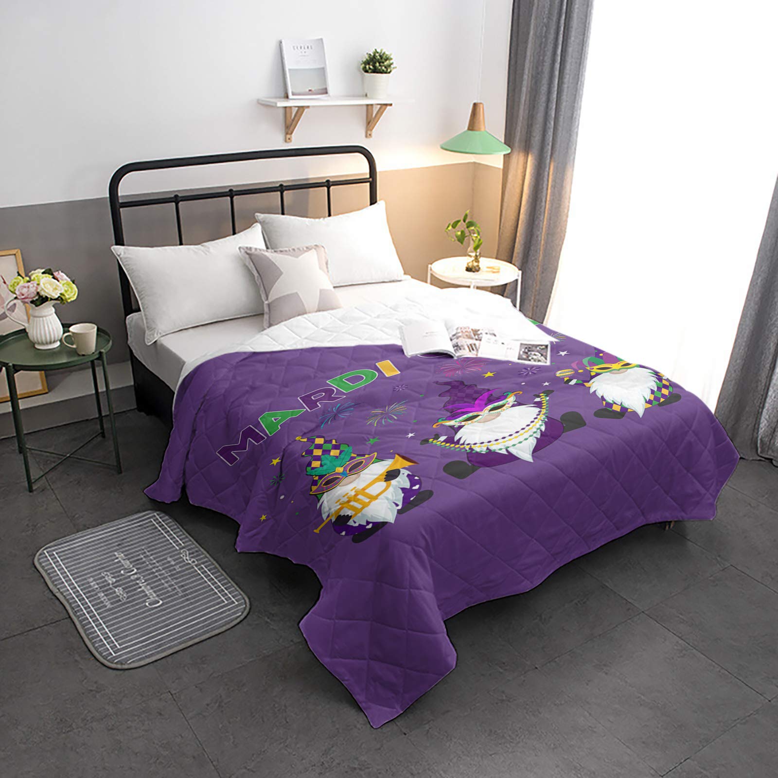 Soft Breathable Cotton Quilted Comforter - Happy Mask Gnomes Design Lightweight All-Season Bedspread | King Size Purple Throw Blanket for Bedroom, Living Room & Mardi Gras Decor