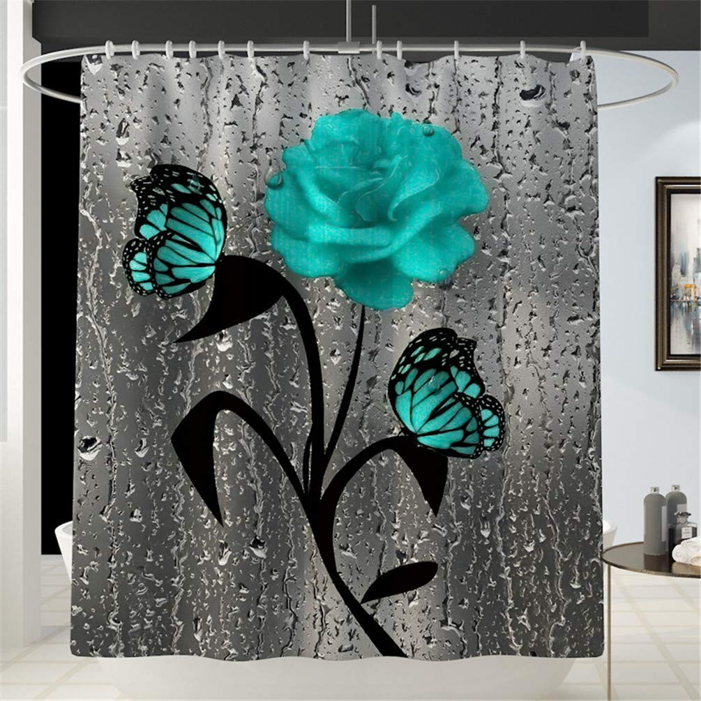 Teal Rose Shower Curtain Set with Butterfly Design - Includes Non-Slip Bath Rug, Toilet Lid Cover & Bath Mat | Waterproof Raindrop Pattern with 12 Hooks | Perfect for Modern Bathroom Decor & Spa-Like Shower Experience