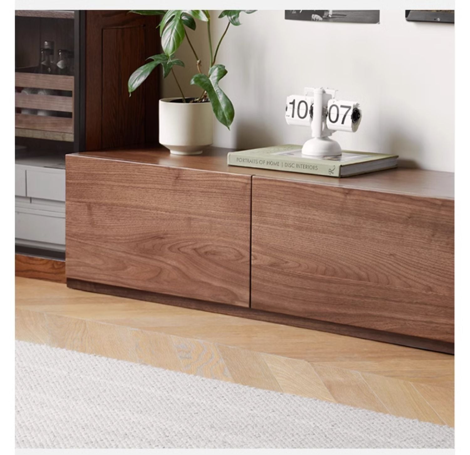 Premium Black Walnut & Ash Solid Wood TV Stand with Floor Splicing Design - Perfect for Living Room, Home Theater & Entertainment Center Setup