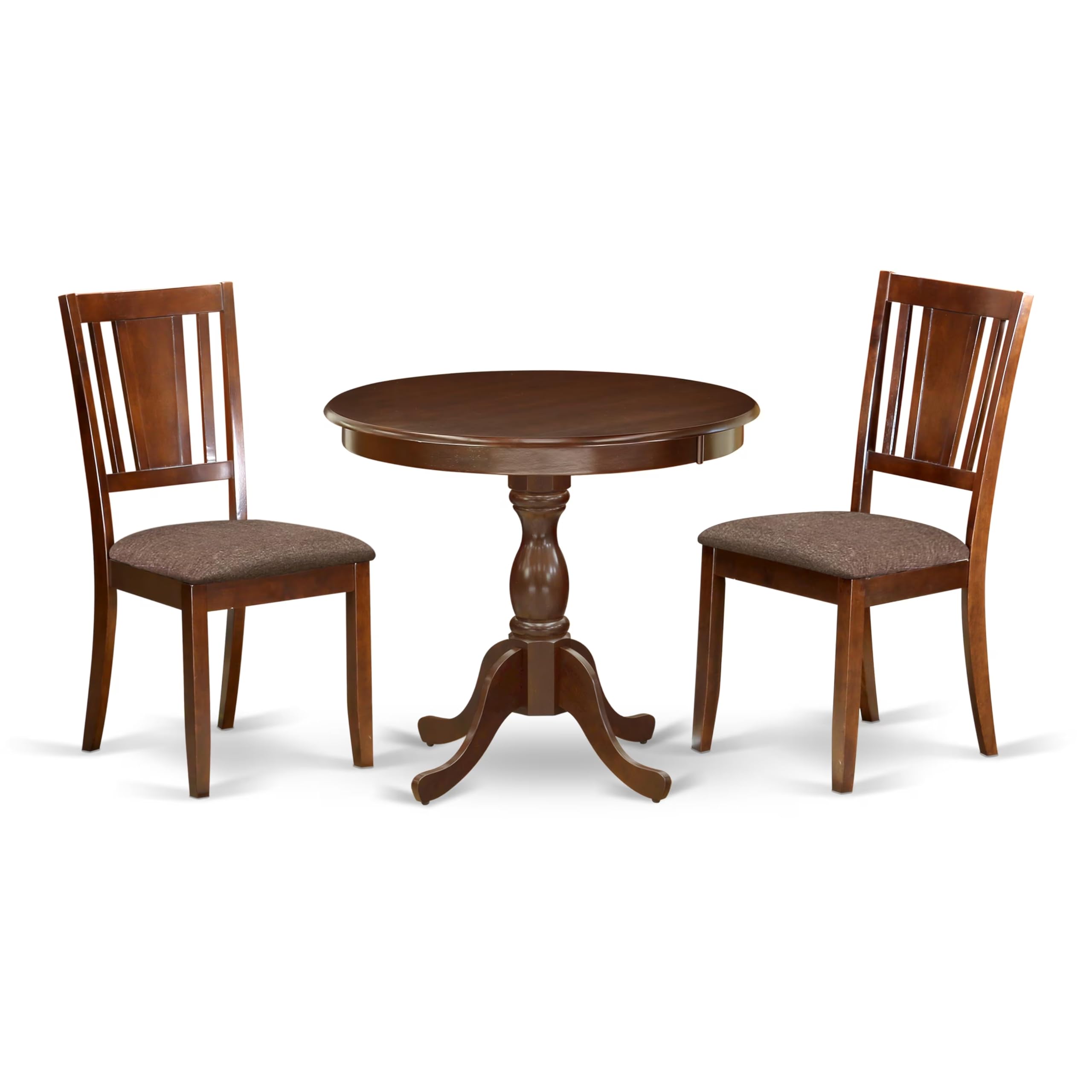 East West Furniture AMDU3-MAH-C 3-Piece Round Dining Set with Pedestal Table & 2 Linen Fabric Chairs, 36x36 Inch, Mahogany - Perfect for Small Kitchen, Breakfast Nook or Cozy Apartment Dining Area