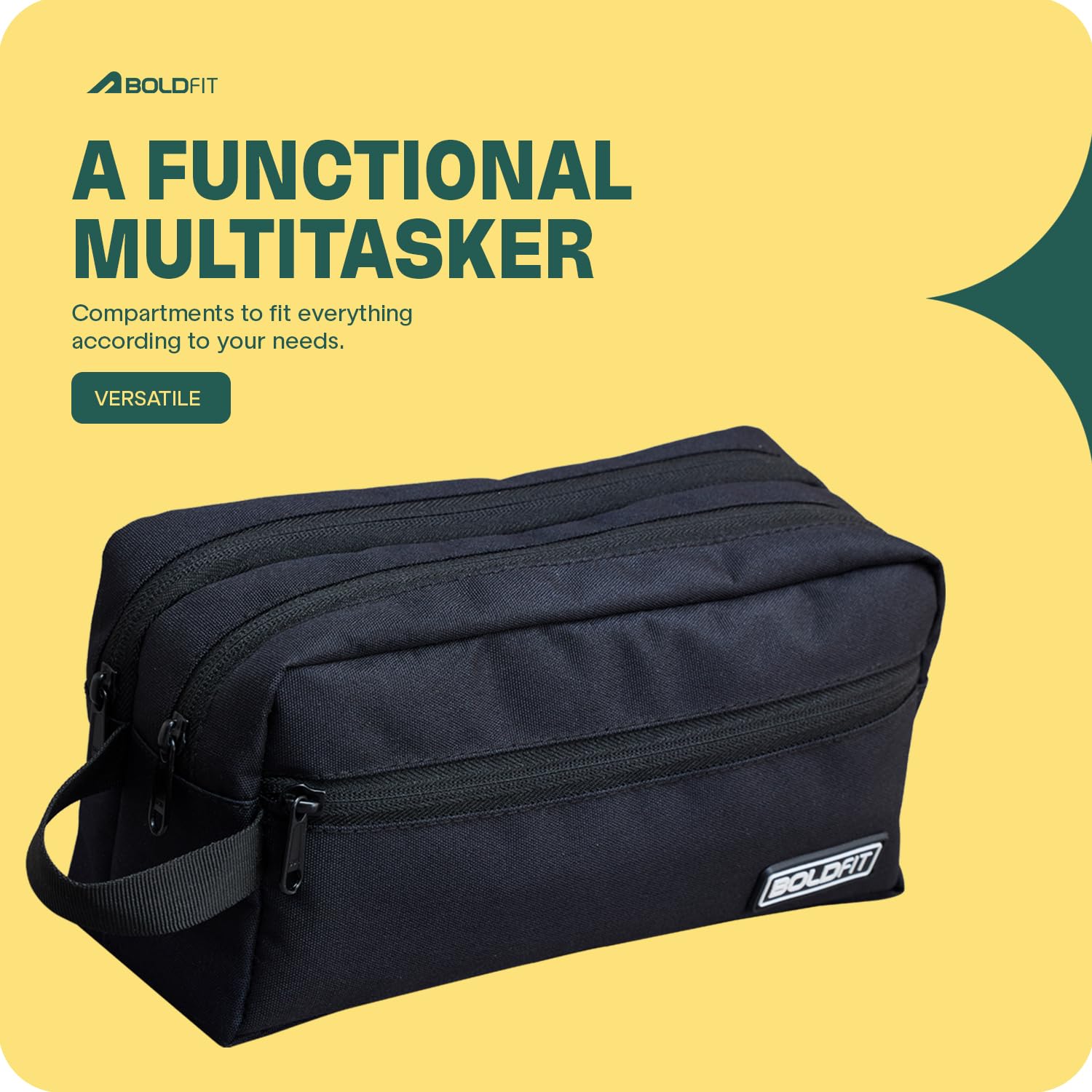 Boldfit Polyester Travel Toiletry Bag for Men & Women - Waterproof Makeup Pouch & Essential Organizer (18cm Width, Black) - Perfect for Gym, Camping & Business Trips