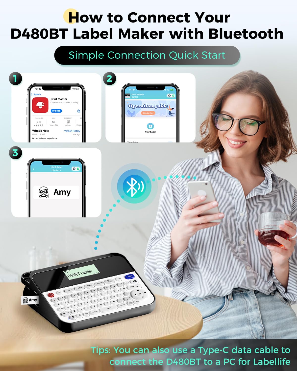 D480BT Bluetooth Label Maker Machine with Tape - QWERTY Keyboard Label Printer with Backlit LCD Screen | Up to 3/4