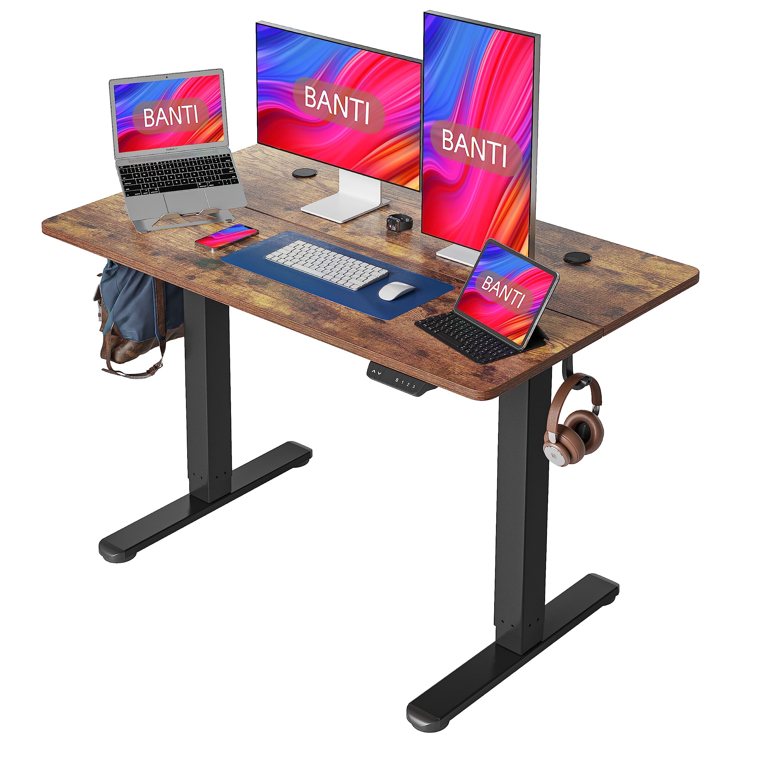 BANTI 48 Inch Electric Height Adjustable Standing Desk - Sit Stand Up Workstation with Rustic Brown Top | Ergonomic Home Office Desk for Work from Home & Gaming Setup