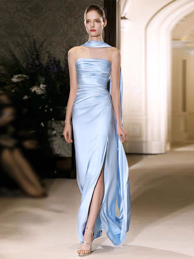Elegant Blue Sheath Long Prom Dress with High Slit - Formal Evening Gown for Homecoming, Wedding & Special Occasions - Style J3349