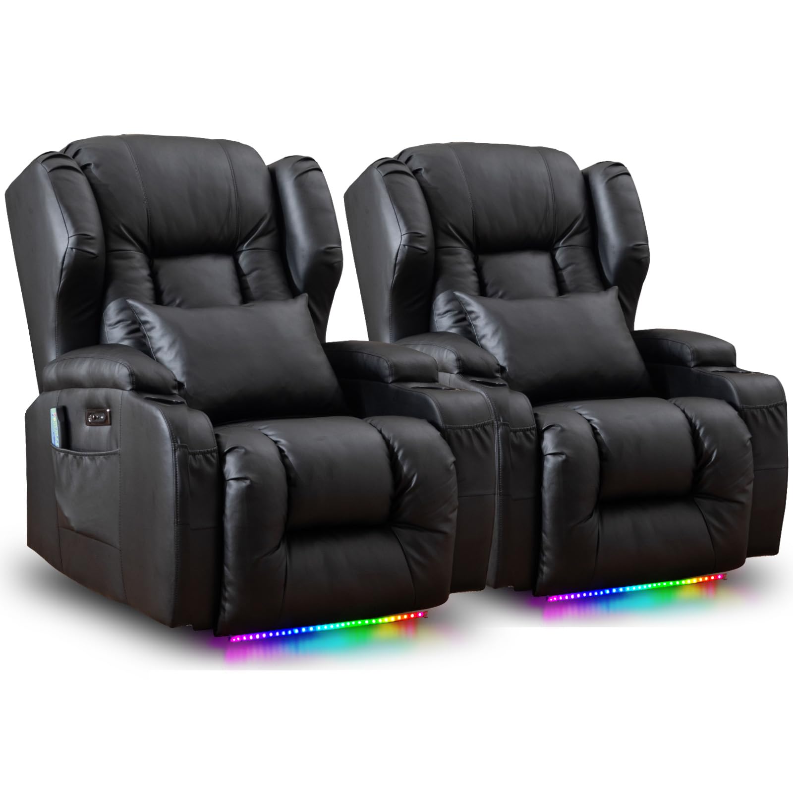 2PC Power Recliner Chair Set with Massage & Heat - Modern Home Theater Seating with LED Lights & USB Charging | Reclining Sofa Chairs for Living Room, Game Room & Movie Theater | Includes Cup Holders & Adjustable Positions for Ultimate Comfort