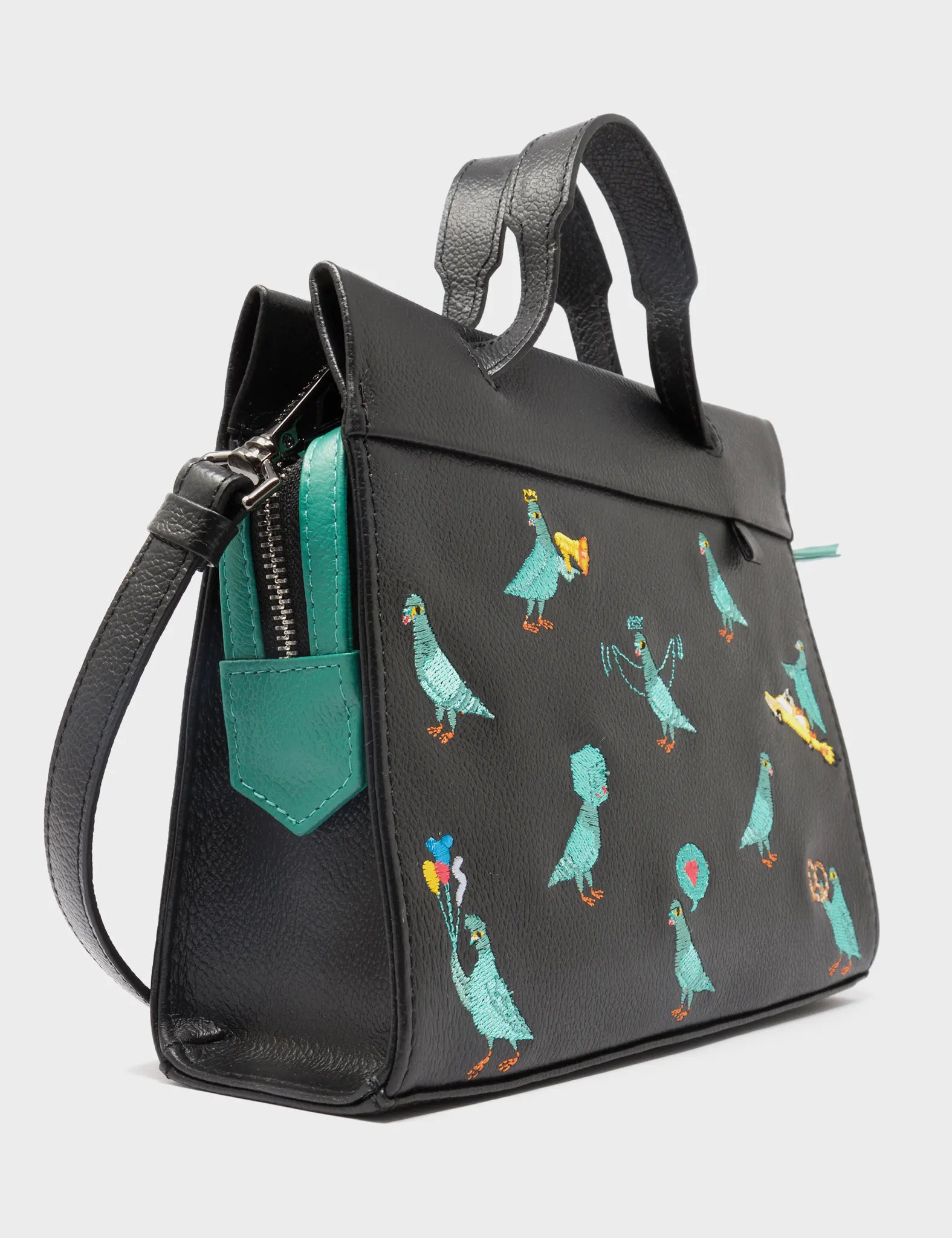 Vali Crossbody Small Black Leather Bag with Pigeonista Embroidery - Stylish & Compact Purse for Women, Perfect for Daily Use, Travel, and Date Nights