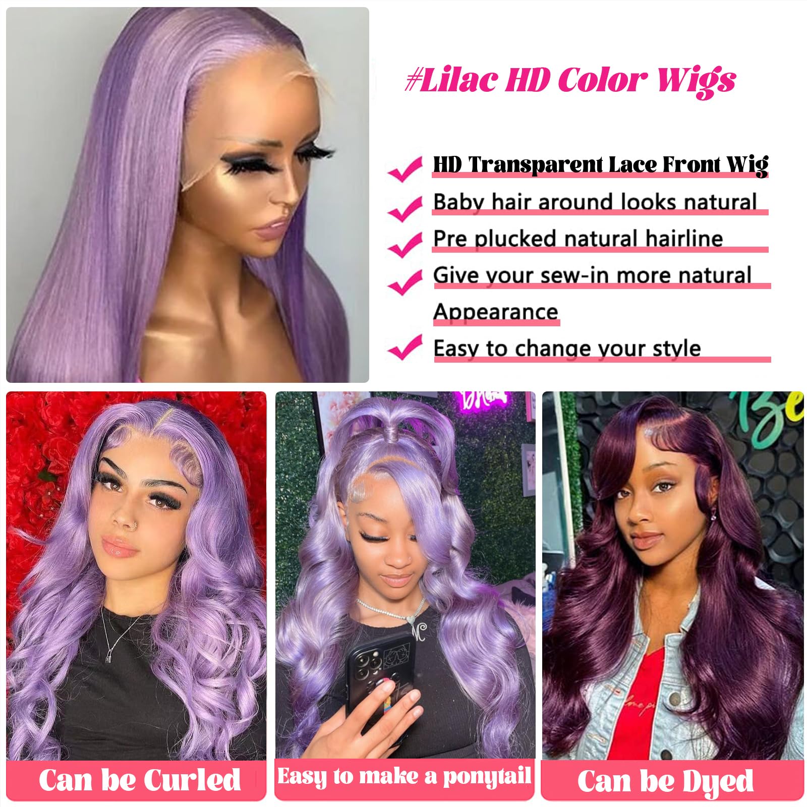 Smavida 28 Inch Long Lilac Human Hair Lace Front Wig - 13x4 HD Transparent Purple Colored Glueless Lace Frontal Wig with Pre-Plucked Baby Hair | Perfect for Cosplay, Halloween, Parties & Fashion Styling