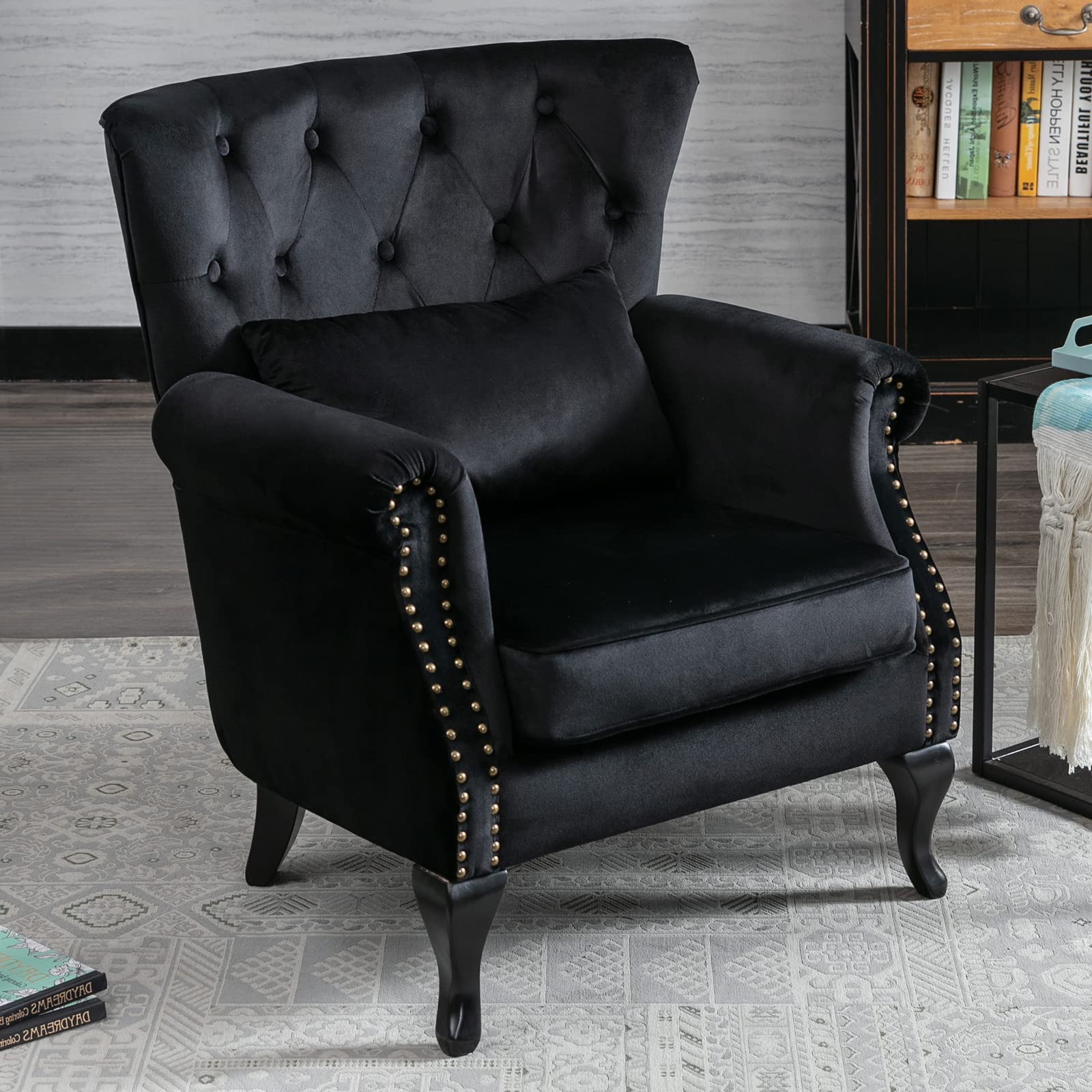 Mid-Century Modern Accent Reading Arm Chair - Velvet Black Wingback Club Chair with Button Tufted Back & Lumbar Pillow - Comfy Corner Sofa for Living Room, Bedroom, Office Waiting Area | Perfect for Reading Nooks, Lounge Spaces & Home Decor