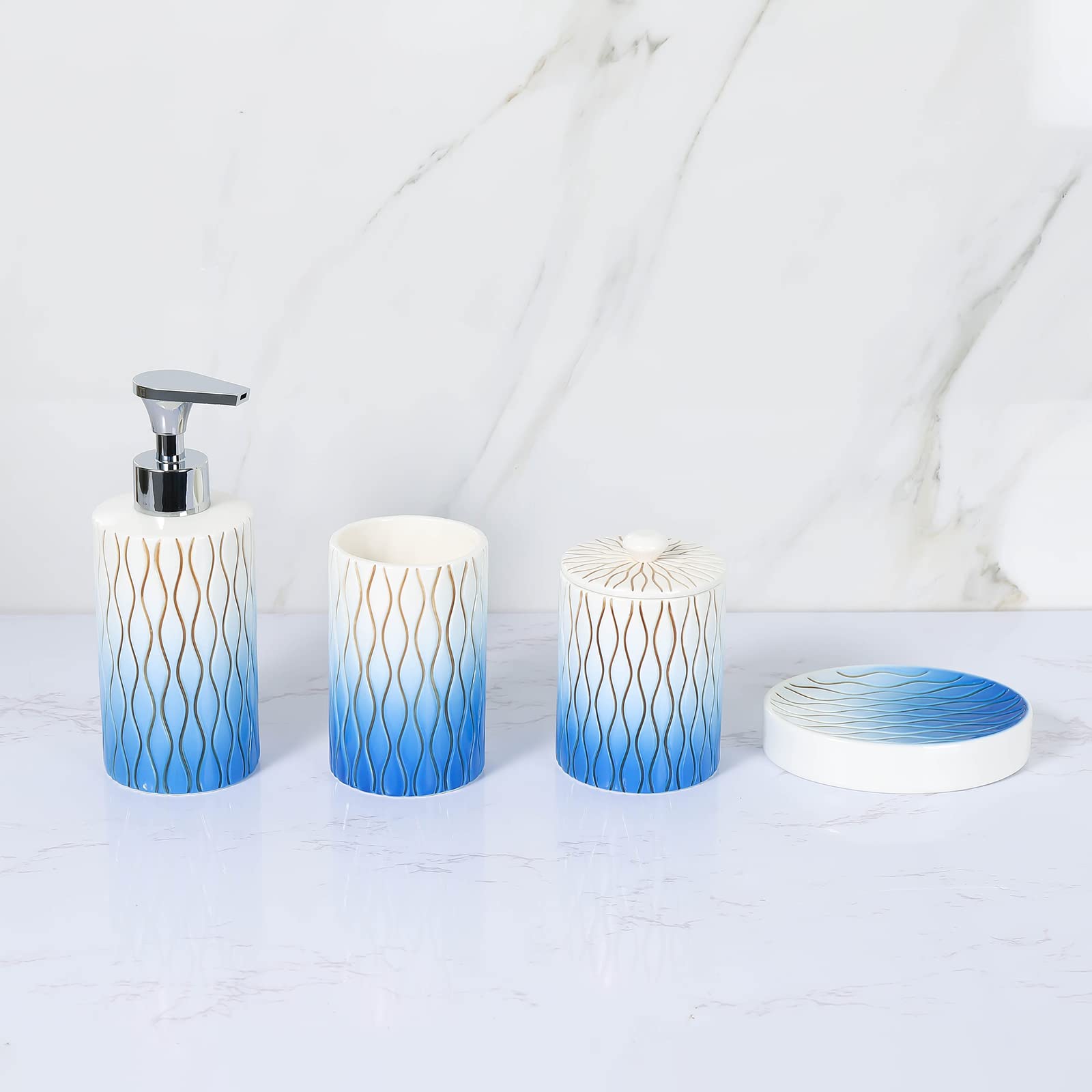 Navy Blue Ceramic Bathroom Accessories Set - 4 Piece Hand-Carved Boho Decor with Toothbrush Holder & Soap Dispenser | Modern Apartment Essentials for Bathroom Organization & Stylish Home Decor