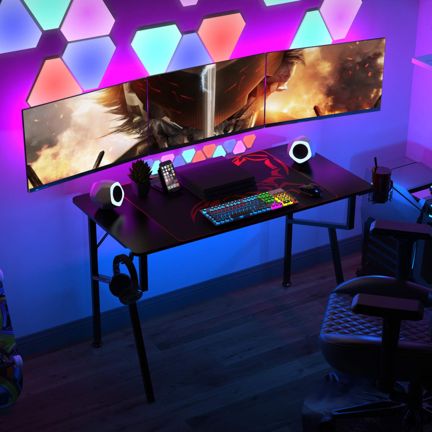 47 Inch K-Frame Gaming Desk - Ergonomic Computer Desk for Home Office & Professional Gamers with Cup Holder, Headphone Hook & Controller Stand | Includes Free Mousepad | Perfect for PC Gaming, Streaming & Remote Work (Black)