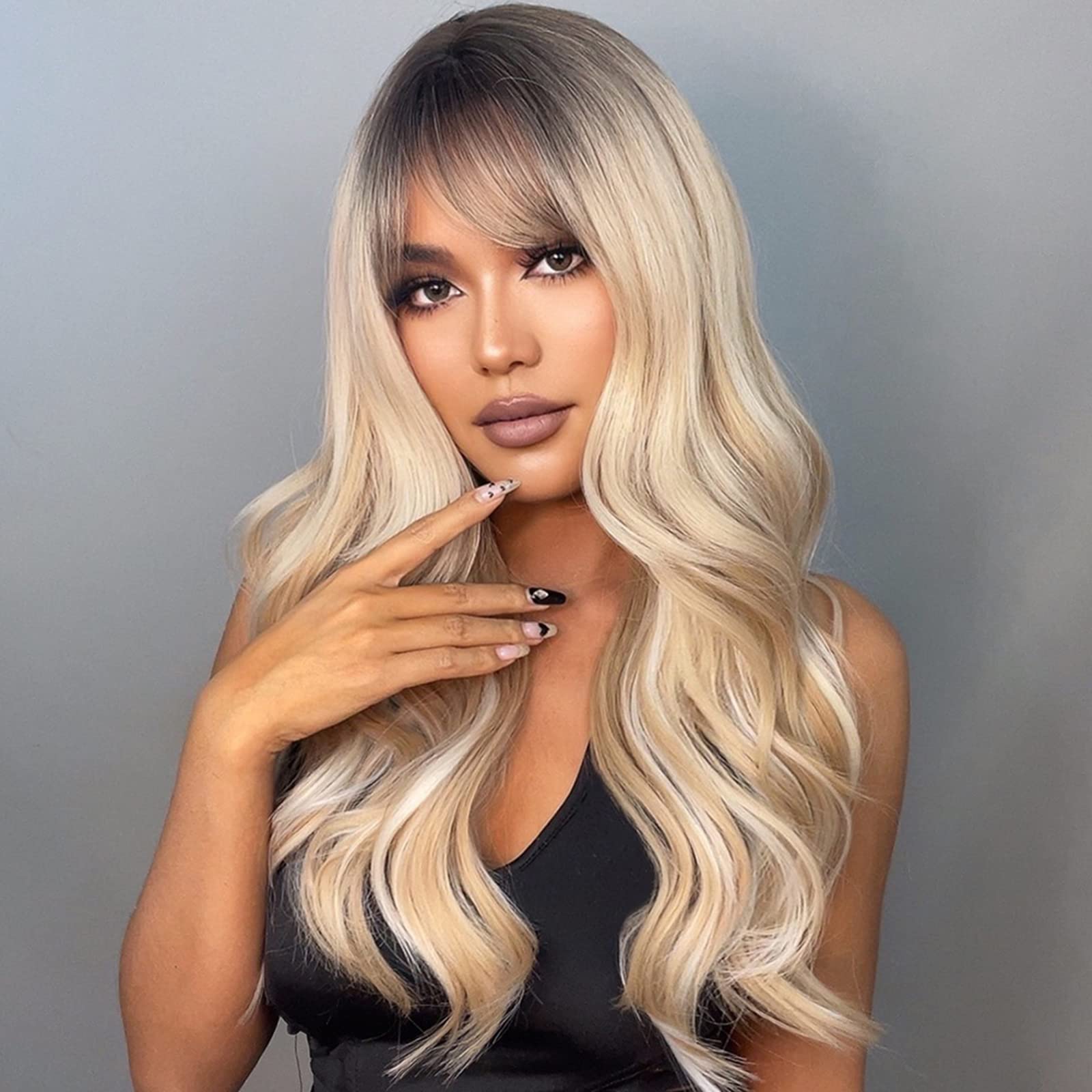 Long Wavy Synthetic Hair Wig with Bangs & Hair Net - Heat Resistant Curling Wig for Women, Cosplay, Party & Daily Use - Perfect for Halloween, Costume Events & Everyday Styling