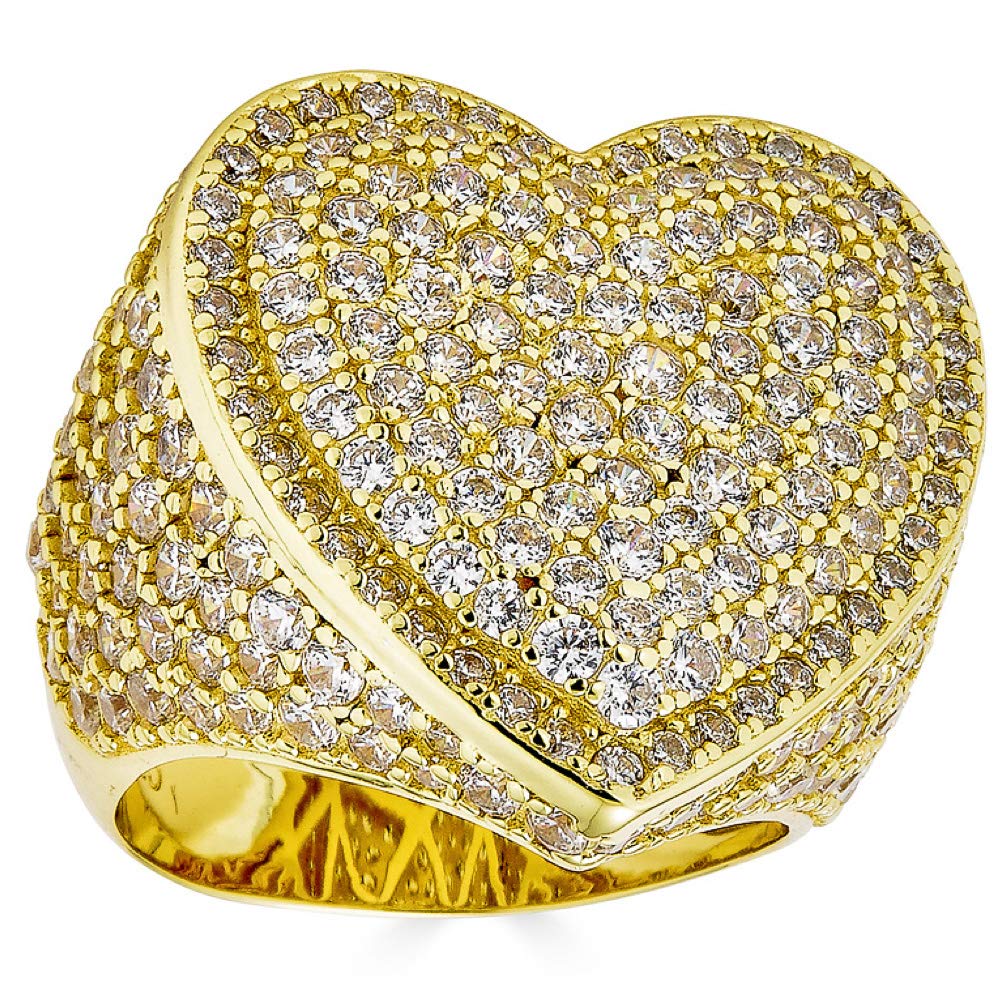 14K Gold Plated 925 Sterling Silver Heart Shaped Hip Hop Iced Out Ring with Cubic Zirconia - Size 7-13 - Perfect for Valentine's Day, Anniversary Gifts & Streetwear Fashion