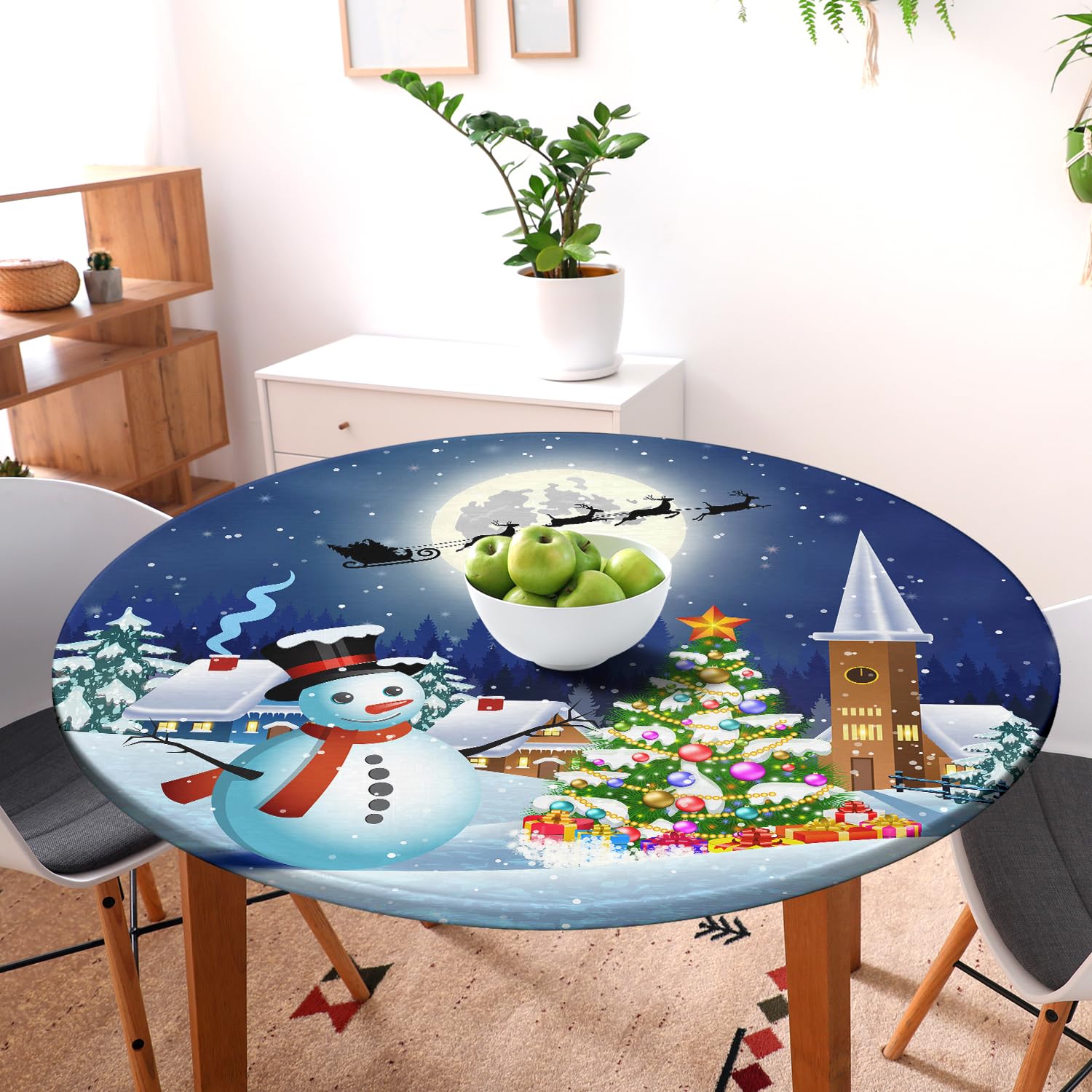 **Waterproof Elastic Round Fitted Tablecloth - 45''-52'' Reusable Vinyl Table Cover for Indoor & Outdoor Use (Christmas, Parties, Picnics, BBQs, Dining Decor)**