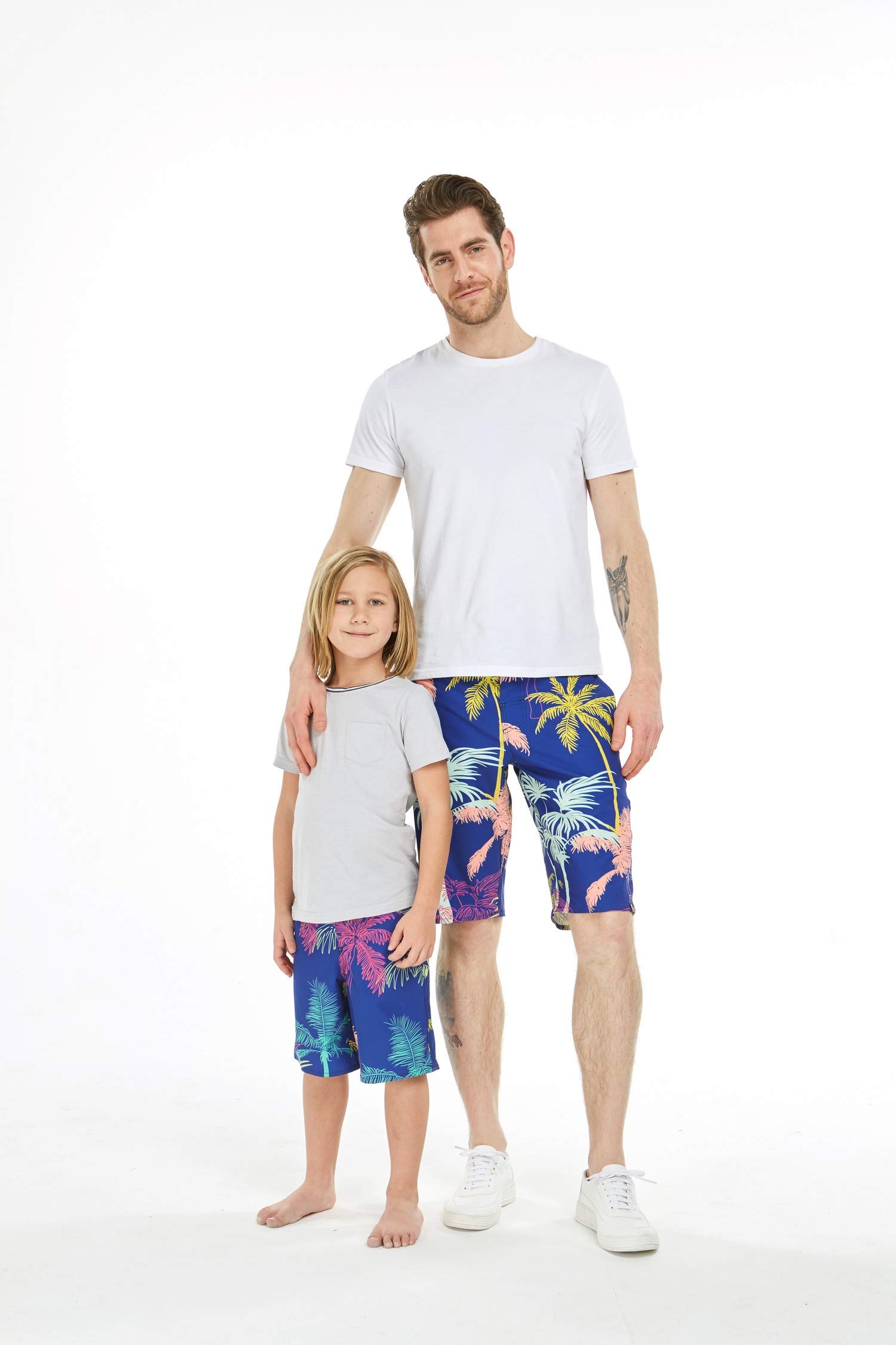 Father & Son Matching Hawaiian Swim Trunks - Quick Dry Spandex Board Shorts with Crayon Palms Print for Beach Vacation & Pool Party