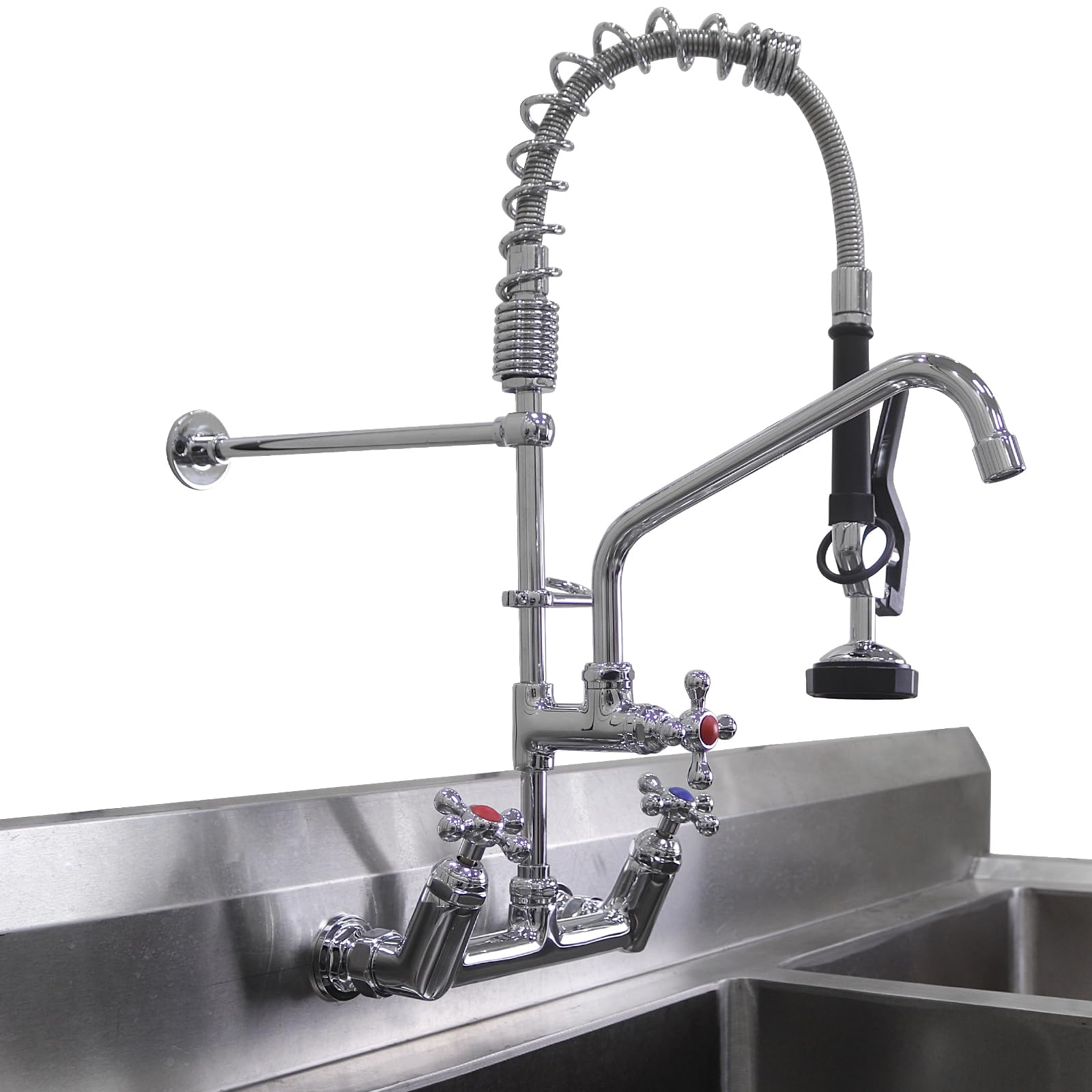 Commercial Pre-Rinse Sink Faucet - 8 Inch Wall Mount Restaurant Faucet with 10 Inch Swing Spout & Pull Down Sprayer (26 Inch Height) - Ideal for Commercial Kitchens, Restaurants, and Food Service Areas