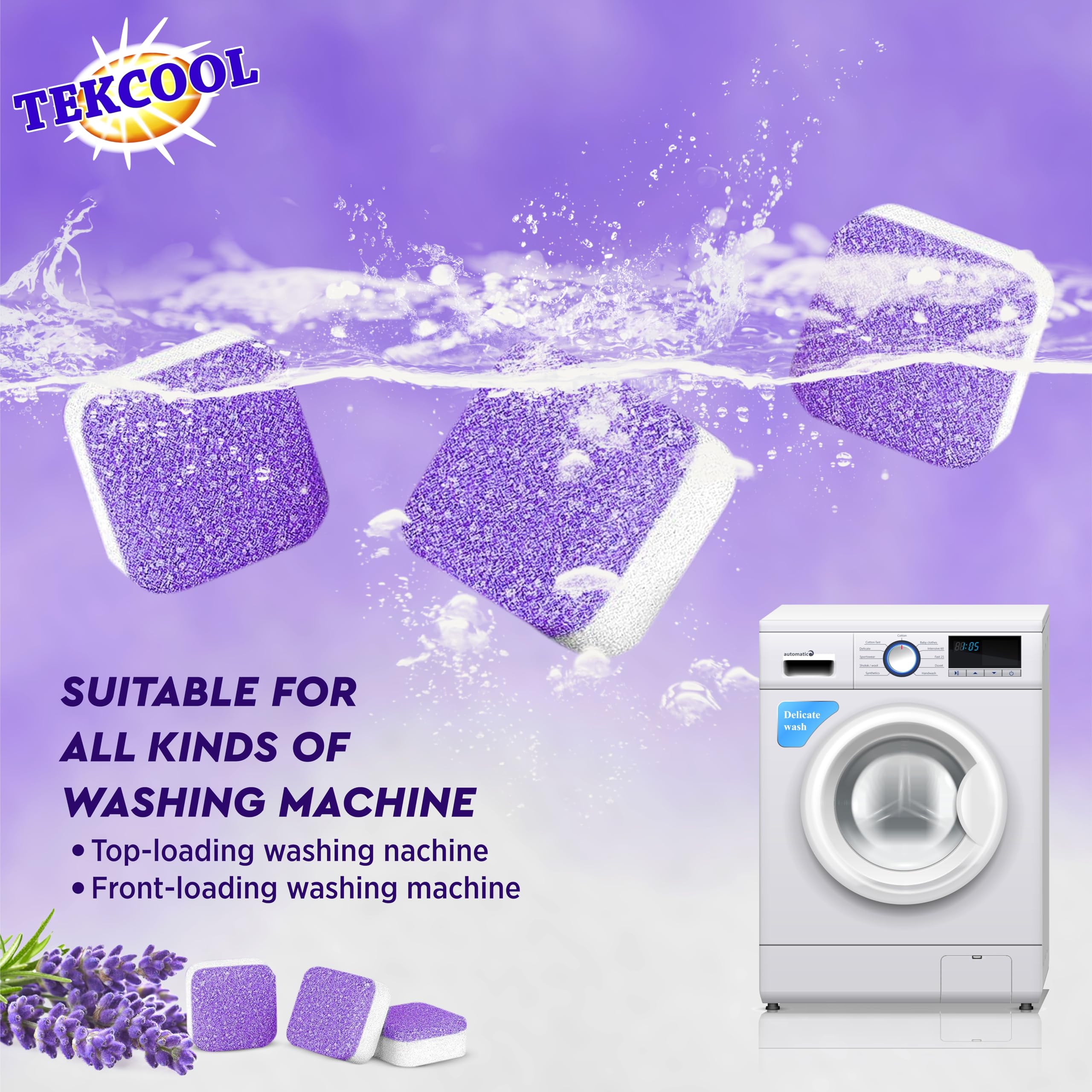 TEKCOOL Washing Machine Cleaner Tablets - 24 Pack Lavi Lavender Scented Descaling Powder for Deep Cleaning Front & Top Load Washers | Removes Odor, Mold & Residue | Ideal for Laundry Day, Home Cleaning & Appliance Maintenance