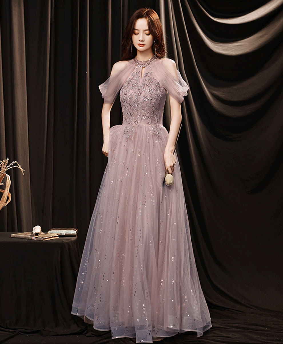 Elegant Pink Tulle Lace Sequin A-Line Long Prom Dress for Formal Graduation & Special Occasions | Perfect for Homecoming, Quinceañera & Evening Gala Events