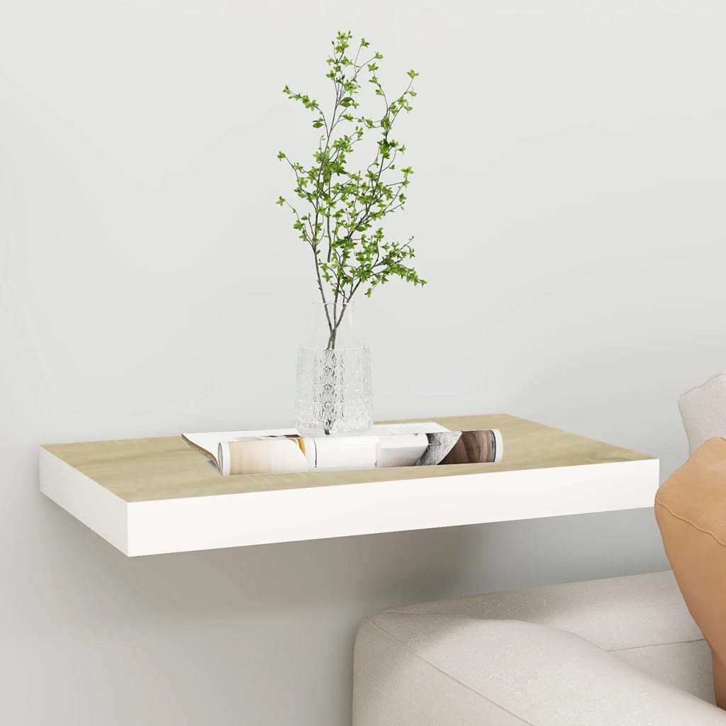 Floating Wall Shelf - 15.7x9.1x1.5 Inch Oak & White MDF Wall Mounted Storage Shelf for Living Room, Bedroom Decor - Perfect for Displaying Books, Photos & Decorative Items