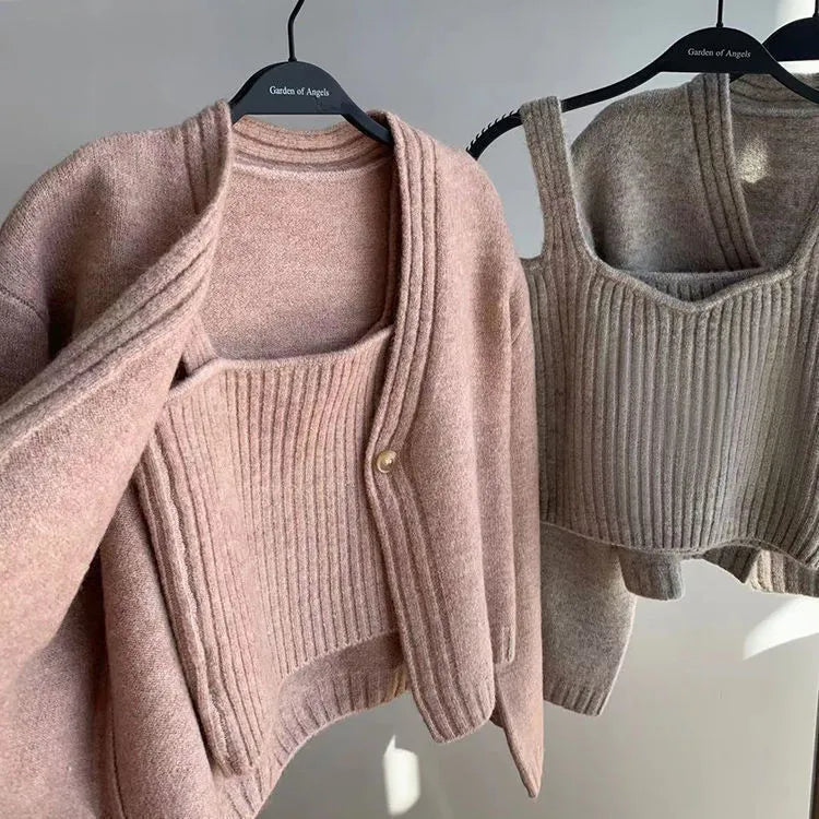 Women's 2-Piece Knitted Cardigan & Camisole Set - Cozy Autumn Winter Sweater Jumper for Layering, Office Wear & Casual Outfits