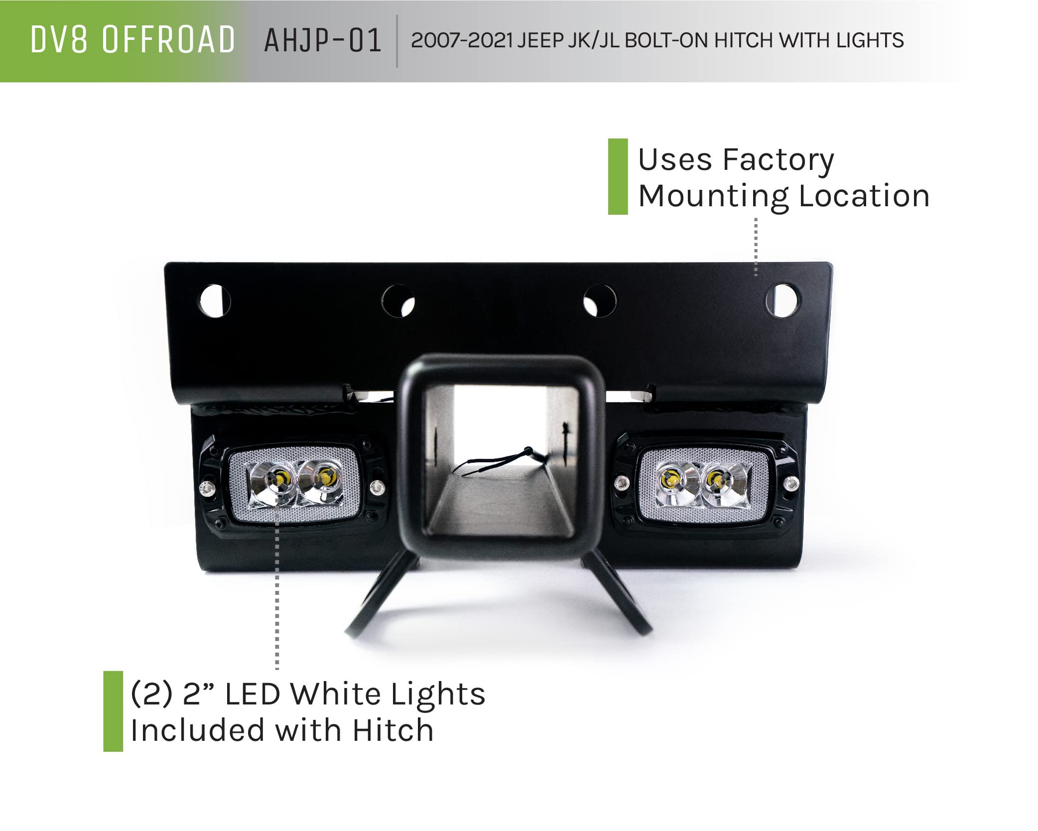 DV8 Offroad Bolt-on Hitch with LED Lights for 2007-2018 Jeep Wrangler JK & 2018-2025 Jeep Wrangler JL - 2-inch Receiver, Factory Mounting Location - Perfect for Towing Trailers, Bike Racks & Offroad Adventures