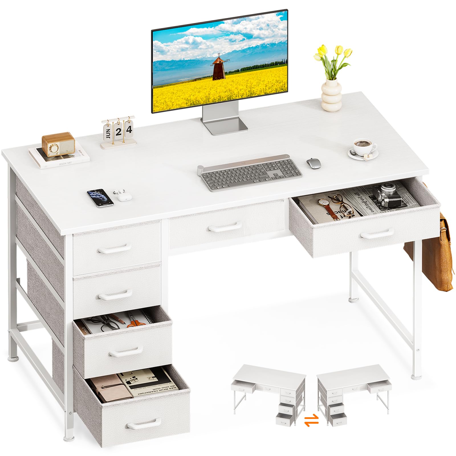 ODK 40 Inch Computer Desk with 6 Storage Drawers, Reversible Small Office Desk with Headphone Hook - White Study Table for Home Office, Bedroom & Small Spaces - Perfect for Remote Work, Gaming & Online Learning