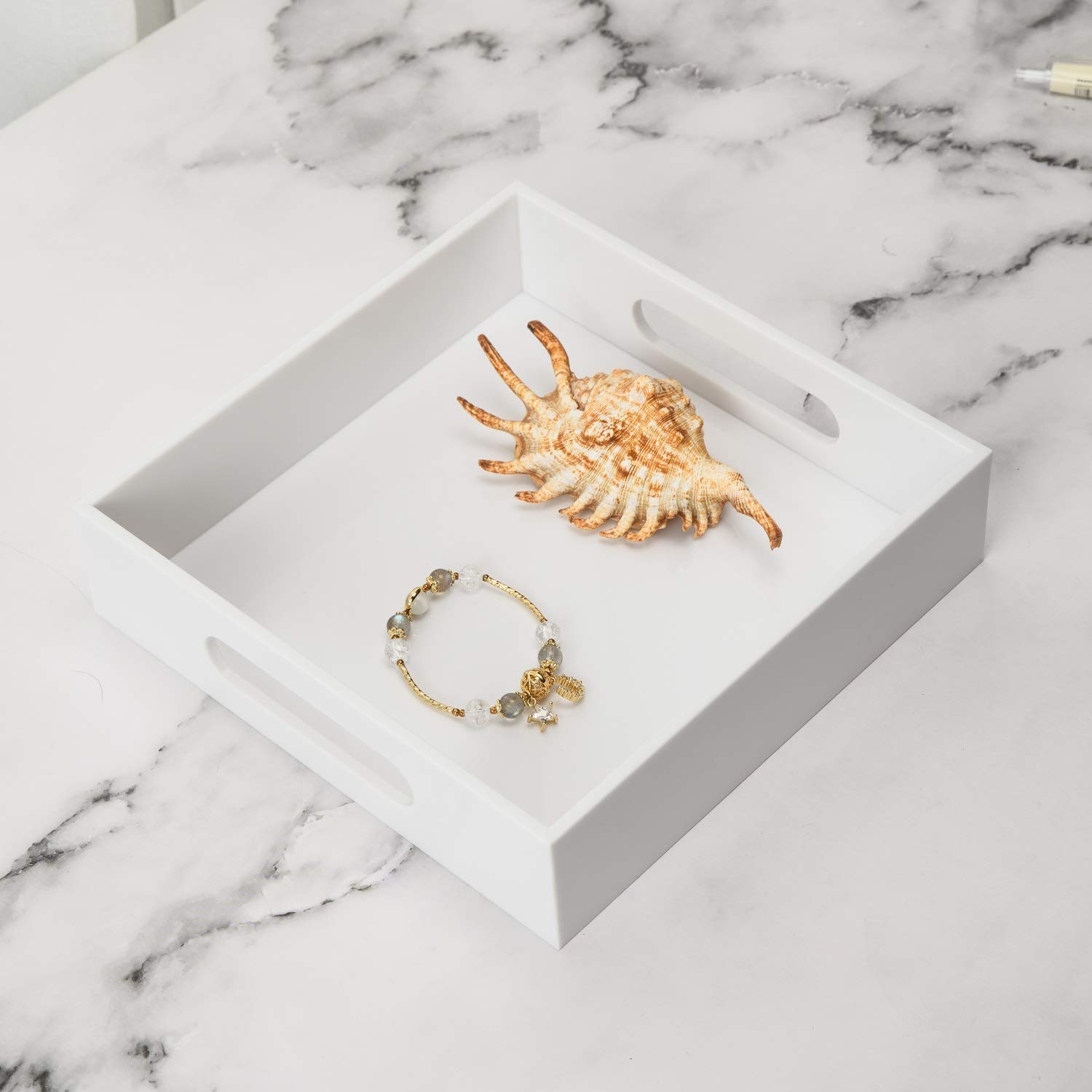 White Sturdy Acrylic Tray with Handles - 8x8 Inch Multipurpose Organizer for Kitchen, Bathroom & Office - Storage Box for Cosmetics, Jewelry, Toiletries, Toys & Gadgets - Perfect for Vanity, Dresser & Countertop Organization