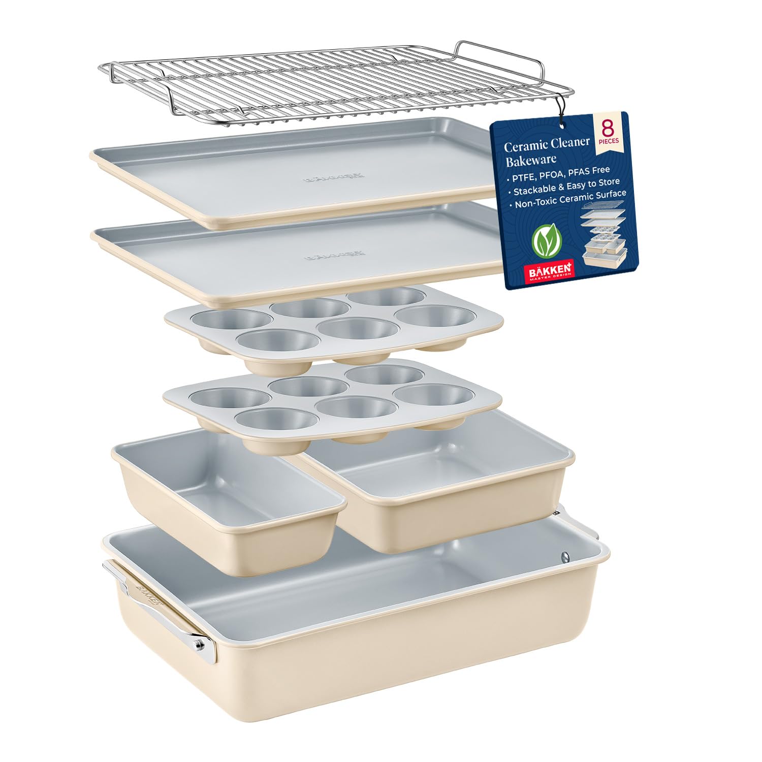 Bakken 8-Piece Stackable Bakeware Set - Non-Stick Ceramic Baking Sheets & Pans, PTFE/PFOA/PFOS Free - Oven Safe, Ergonomic Handles with Cooling Rack for Healthy Baking - Perfect for Cookies, Cakes, Bread & Party Desserts