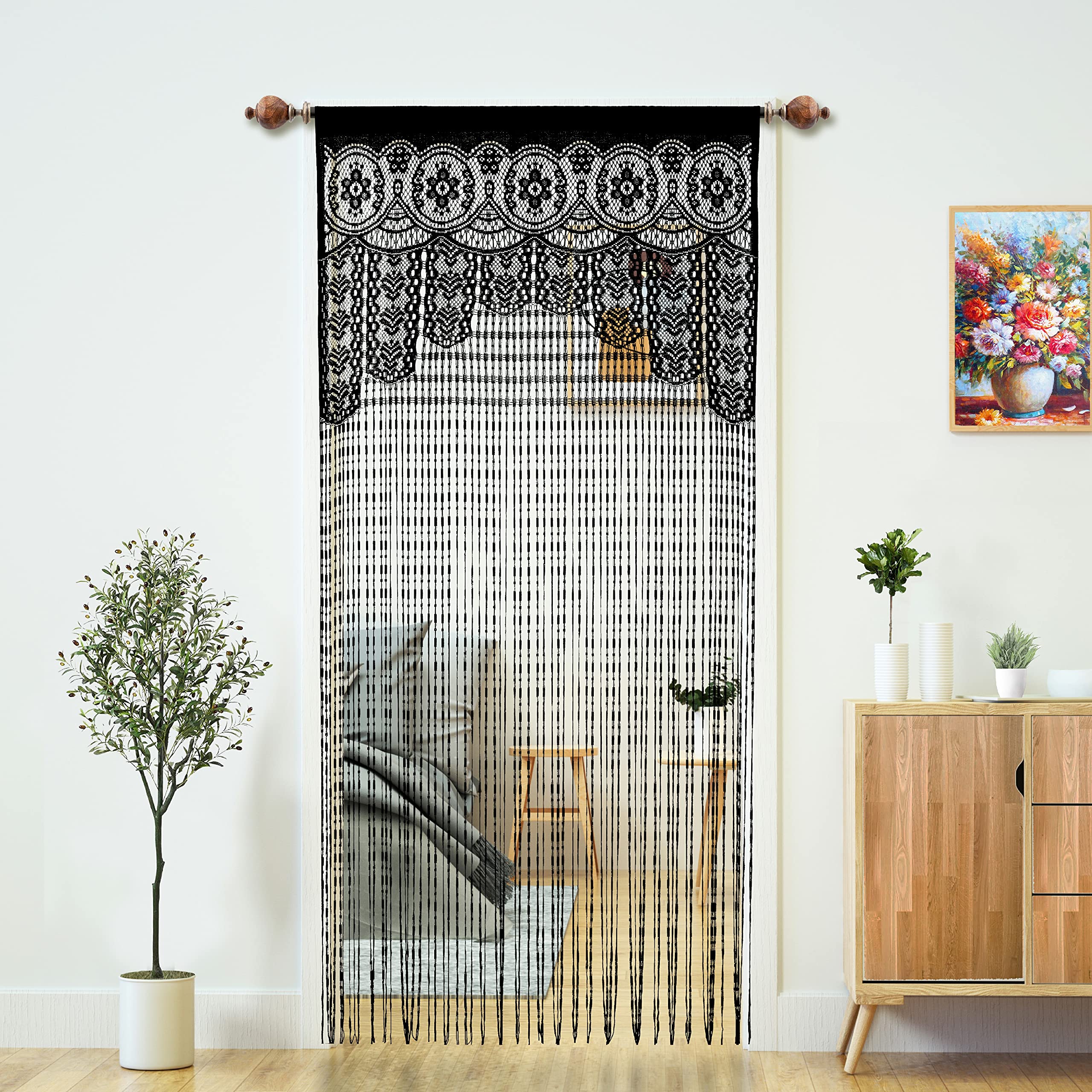 YaoYue Macrame Lace Door Curtain - 35×79in/90×200cm Black Bohemian Room Divider for Doorways, Windows & Closets | Perfect for Bedroom Decor, Wall Hanging & Hippie Style Home Decorations