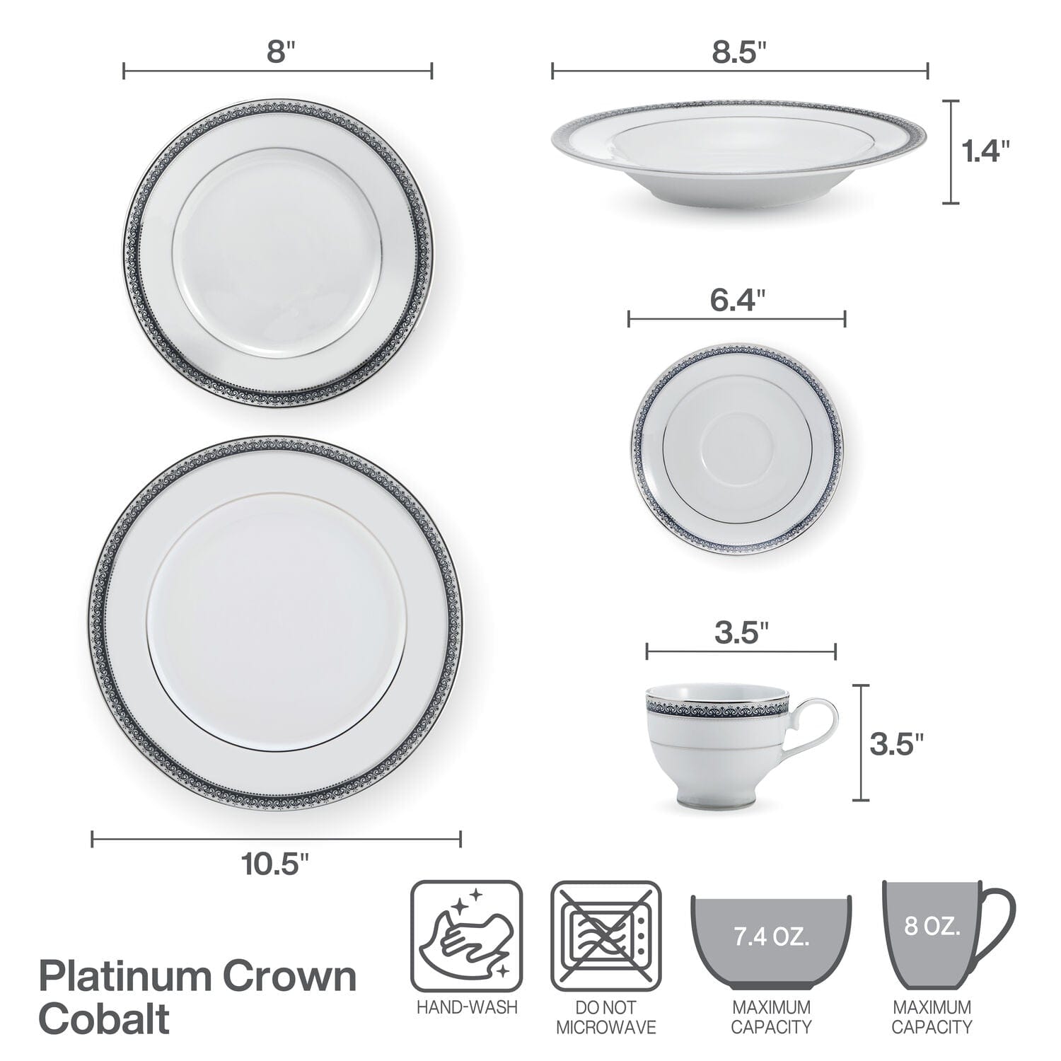 Platinum Crown Cobalt 40-Piece Dinnerware Set - Service for 8 People, Elegant Porcelain Dish Set for Formal Dining, Wedding Registry & Holiday Entertaining