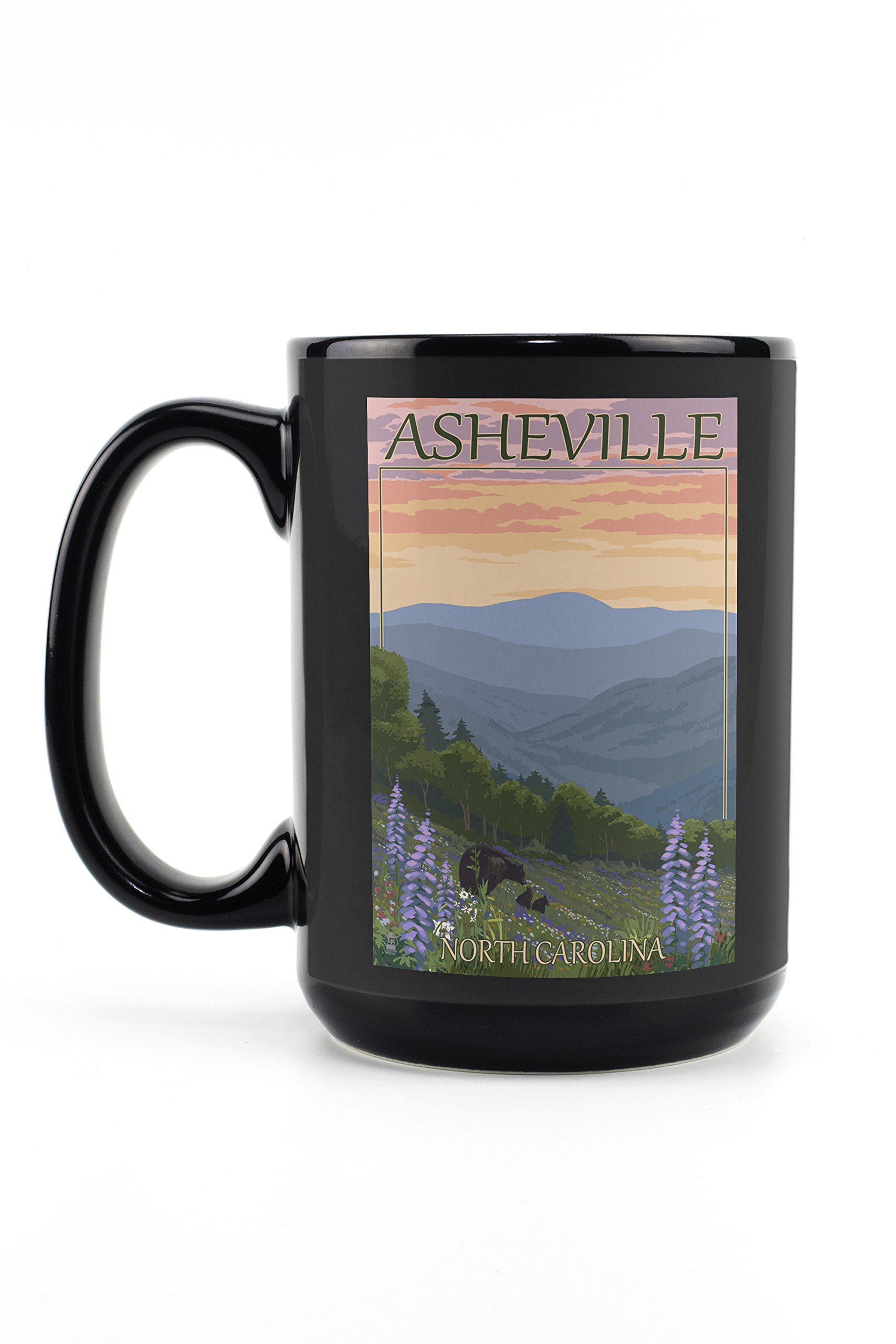 Lantern Press Asheville North Carolina Bear and Cubs with Flowers 15oz Black Ceramic Coffee Mug - Microwave & Dishwasher Safe - Perfect for Home, Office, or Gift Giving