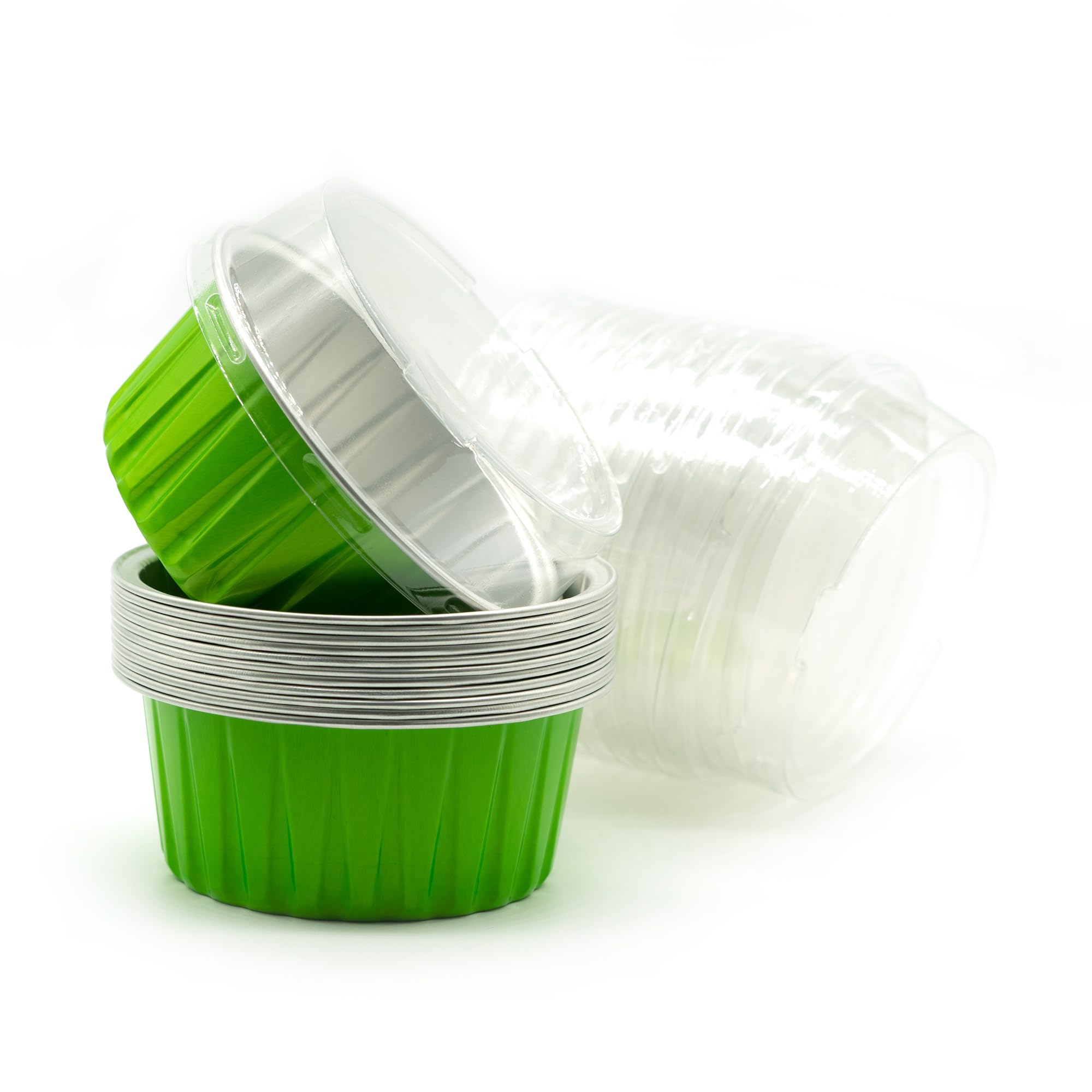 Mombake 5oz Aluminum Foil Ramekin Baking Cups (12-Pack, Green) - 125ml Cheesecake Pans with Flat Lids for Creme Brulee, Mini Desserts & Party Appetizers - Perfect for Baking, Food Storage & Entertaining